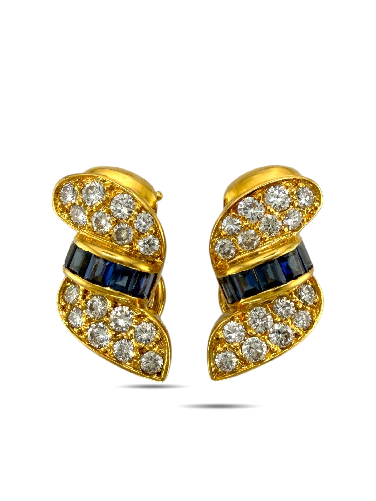 18K Yellow Gold Diamond and Sapphire Earrings: 18K Yellow Gold Diamond and Sapphire Earrings An elegant pair of 18K yellow gold earrings featuring a refined composition of 32 round-cut diamonds and 10 princess-cut sapphires. The sapphires form a v