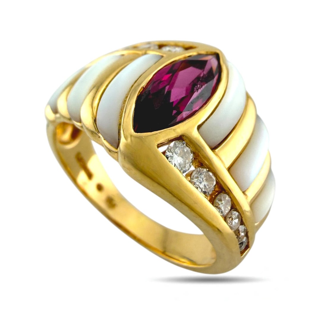 Kabana 14K Yellow Gold 0.32ct Diamond, Tourmaline and Mother of Pearl Ring: A captivating creation by Kabana, showcasing the brand's signature artistry and refined craftsmanship. The design centers on a marquise-cut pink tourmaline, bezel-set to highlight its radiant hue. Sur