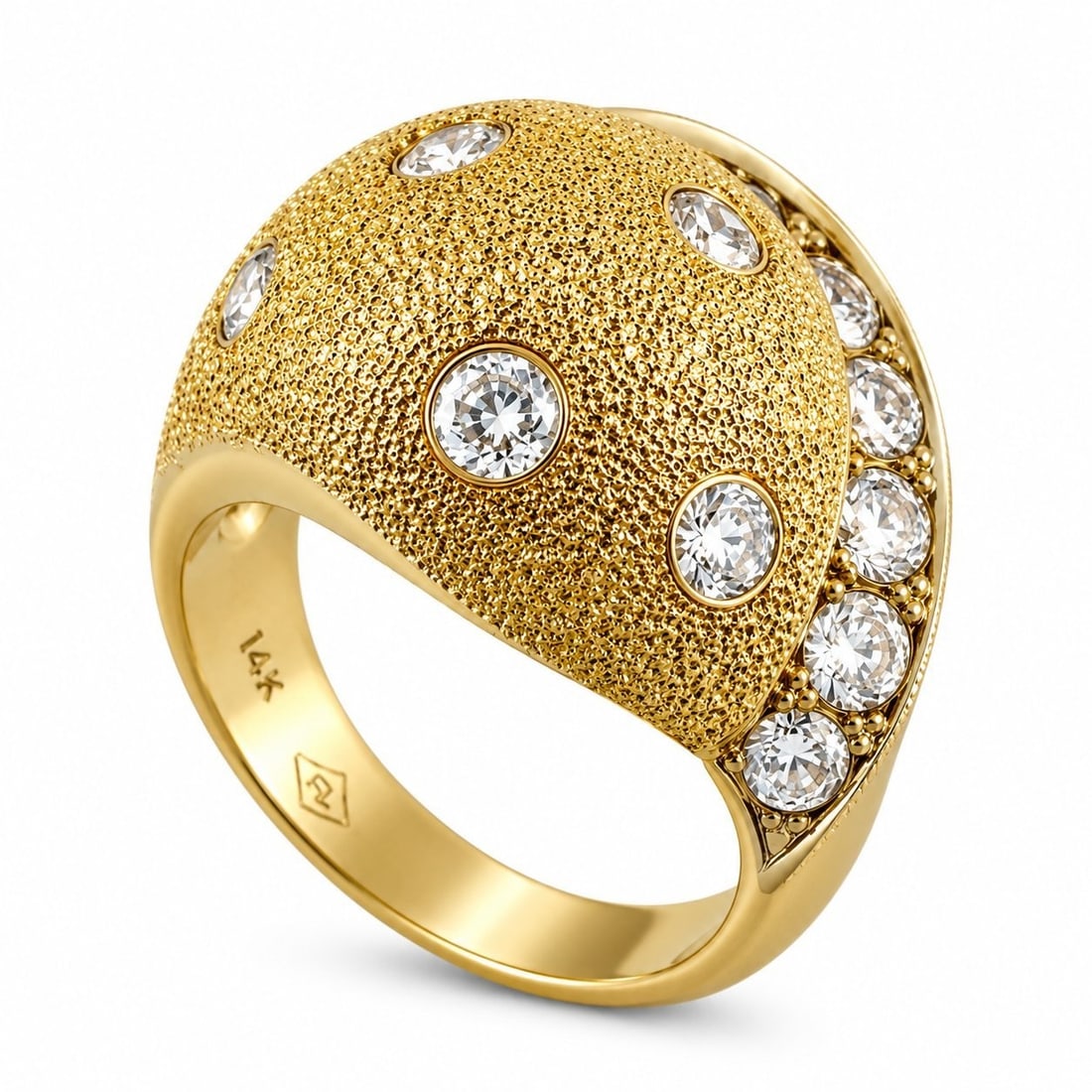 14K Yellow Gold Textured 1.20ct Diamond Dome Ring: 14K Yellow Gold Textured 1.20ct Diamond Dome Ring A distinctive yellow gold ring designed with a textured domed top and diamonds set into the sculptural gold surface. A side row of diamonds surrounds