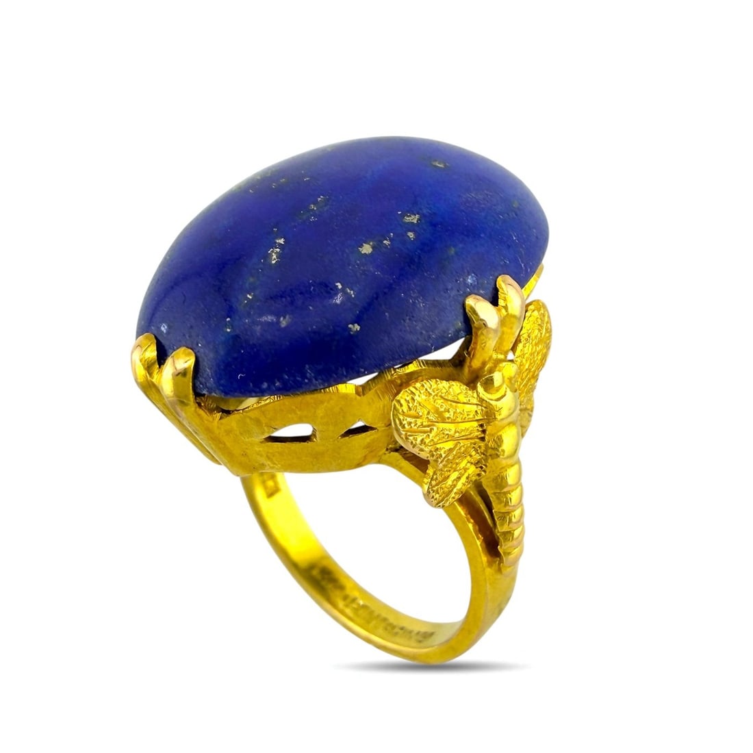 14K Yellow Gold Lapis Lazuli Oval Ring Lapis lazuli: 14K Yellow Gold Lapis Lazuli Oval Ring This 14K yellow gold ring features a large oval lapis lazuli center stone with a rich deep blue tone. The substantial 7.8 gram gold construction gives the piece 