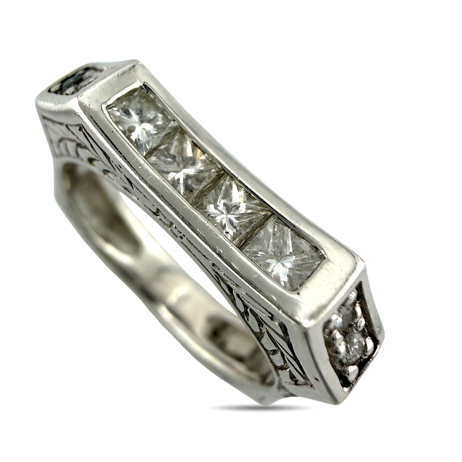 14K White Gold Square Sculptural 0.75ct Diamond Ring: 14K White Gold Square Sculptural 0.75ct Diamond Ring This bold sculptural ring is crafted in solid 14 karat white gold and features a striking square architectural design. The surface is accented with