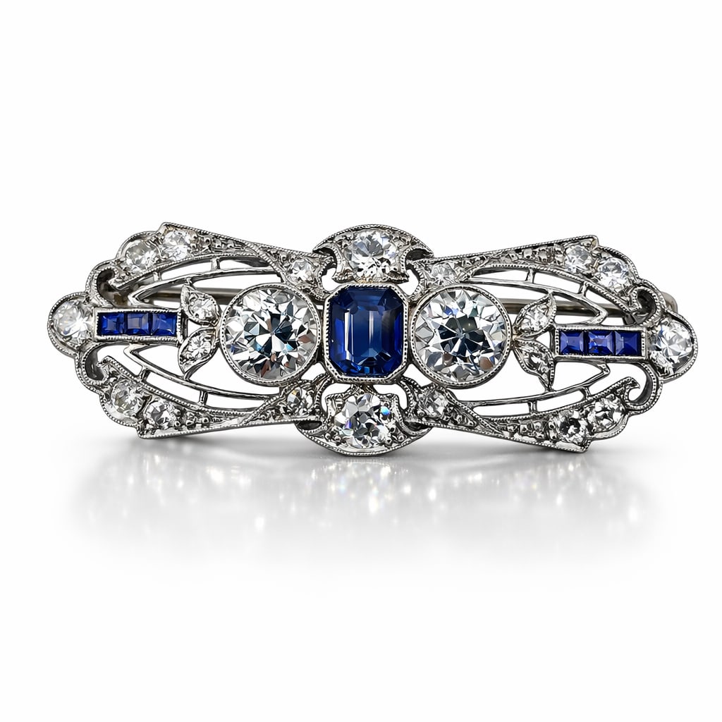 Art Deco Platinum 1.5ct Diamonds and Sapphire Brooch