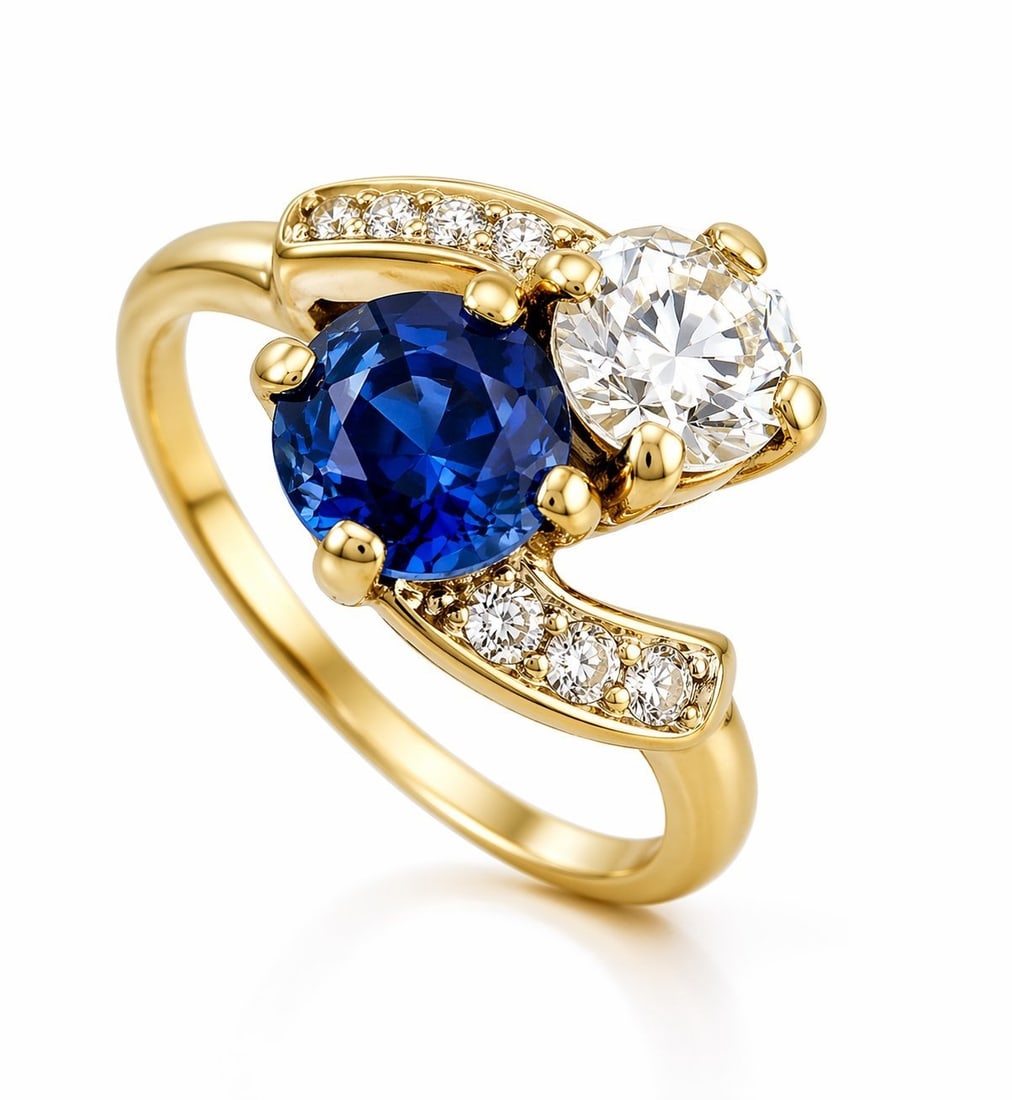 18K Yellow Gold 0.65ct Sapphire and 0.7ct Diamond Bypass Ring (1 of 6)
