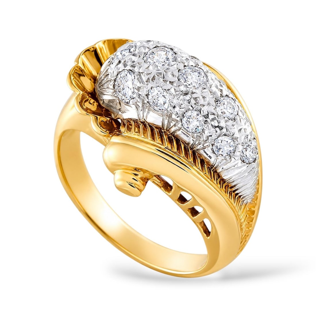 Vintage 18K Yellow Gold and 0.75ct Diamond Ring: Vintage 18K Yellow Gold and 0.75ct Diamond Ring A unique 18K Yellow Gold setting makes this vintage ring simply exquisite. Teeming with old fashioned elegance, the Platinum center of the design shines