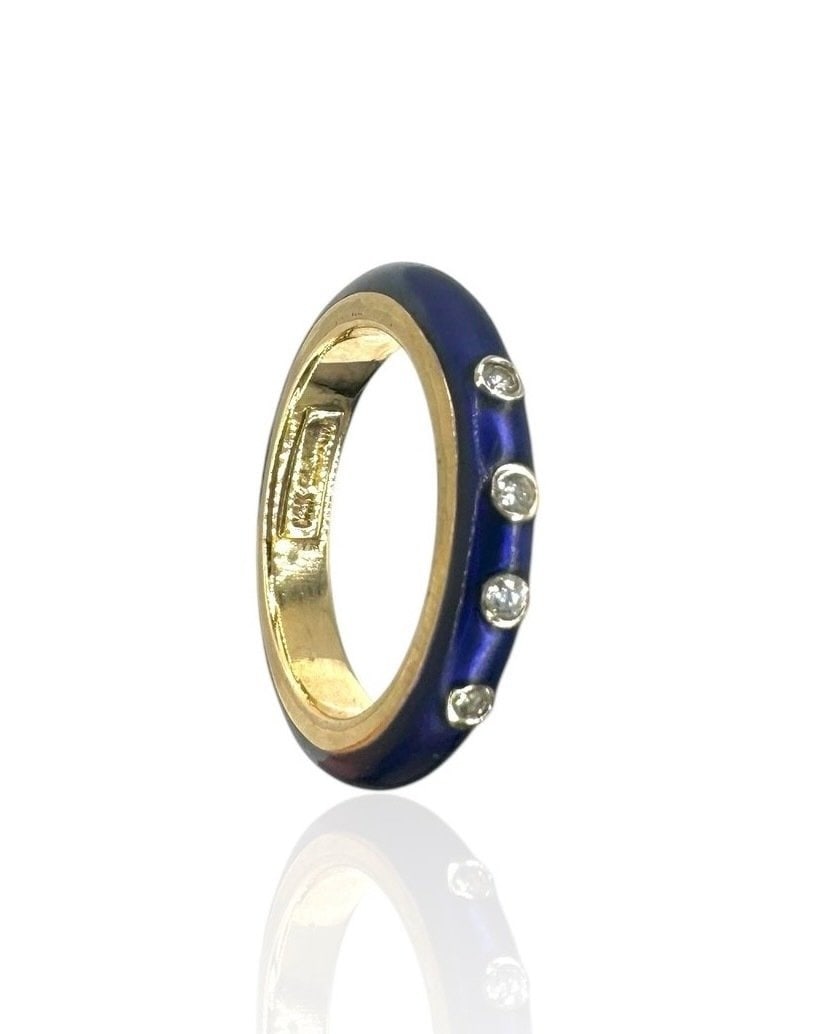14K Yellow Gold Ring with Diamonds and Blue Enamel: Beautiful 14K Yellow Gold Ring with Diamonds Blue Enamel Material: 14K Yellow Gold Weight: 5.2 Grams Diamonds: 0.40 Total Diamond Carat Weight, 20 Total Raw Cut Diamonds Ring Size: US 6. 3/4 / EU 54 R