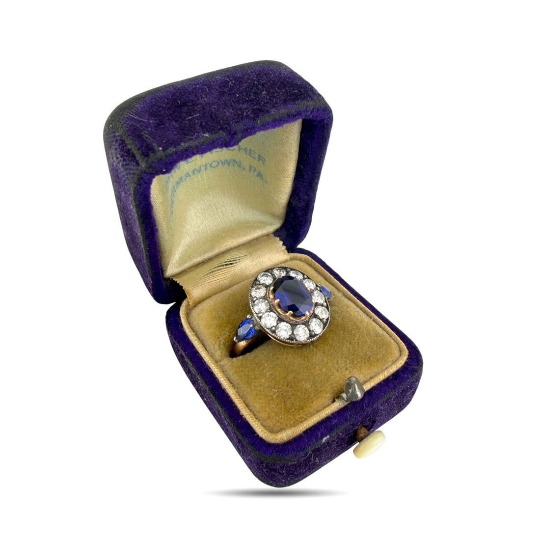 K. Faberge Imperial Russian 56K Rose Gold 1.00ct Diamond and 1.90ct Sapphire Ring: Imperial Russian 56 Rose Gold 1.00ct Diamond and 1.90ct Sapphire Ring This Imperial Russian ring is crafted in 14K rose gold, equivalent to the traditional 56 zolotnik gold standard. The ring features