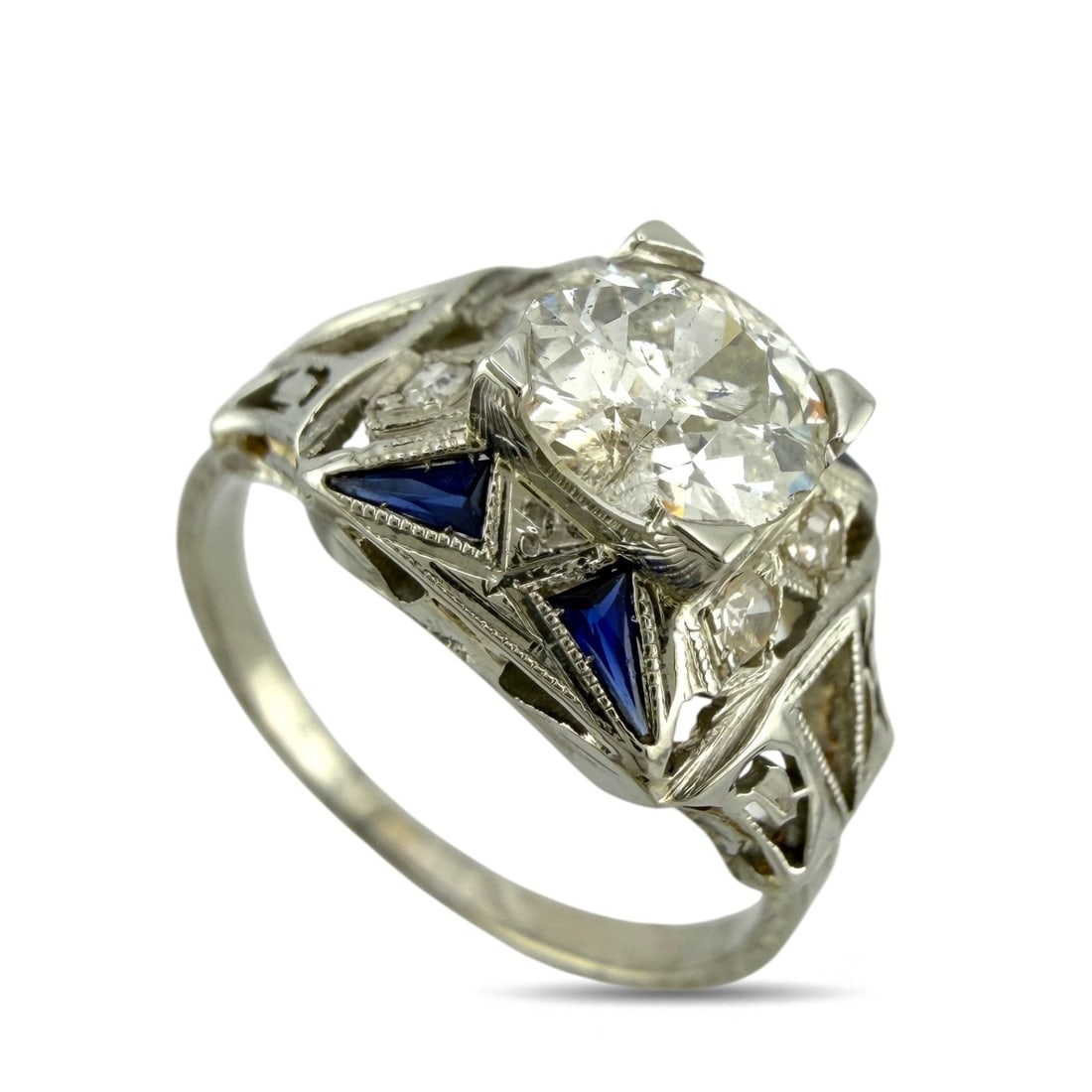 Platinum 1.12ct Diamond and Sapphire Art Deco Ring (1 of 7)