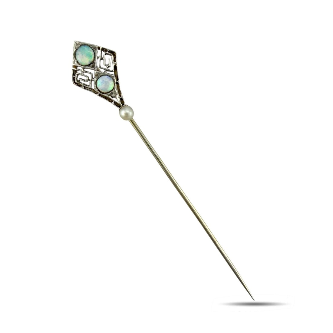 14K Yellow Gold Opal and Pearl Long Pin Brooch: 14K Yellow Gold Opal and Pearl Long Pin Brooch A delicate and elegant long pin brooches designed with opals and a pearl in a refined linear composition. The soft play of color from the opals pairs bea