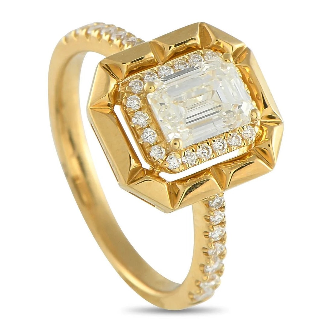 18K Yellow Gold 1.27ct Diamond Ring: 18K Yellow Gold 1.27ct Diamond Ring This piece features a slim, diamond-studded band in 18K yellow gold. At its heart is an 1.02 carat emerald-cut diamond center stone set on four prongs. A subtle