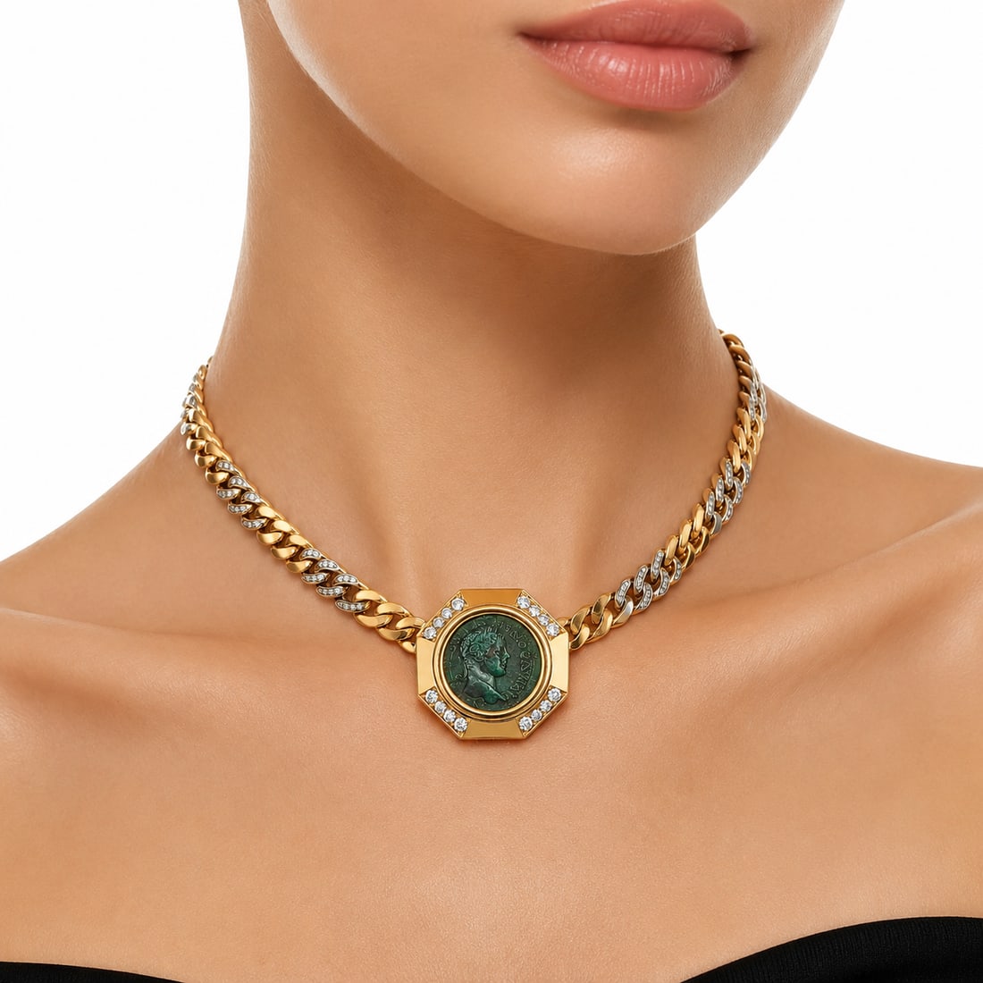 Bvlgari Vintage Monete 18K Yellow Gold 2.75ct Diamond Ancient Coin Necklace: This vintage Bvlgari Monete necklace is crafted in 18K yellow gold with a curb-link chain accented by pave diamond link sections, centering on an authentic ancient Roman bronze coin depicting Emperor 