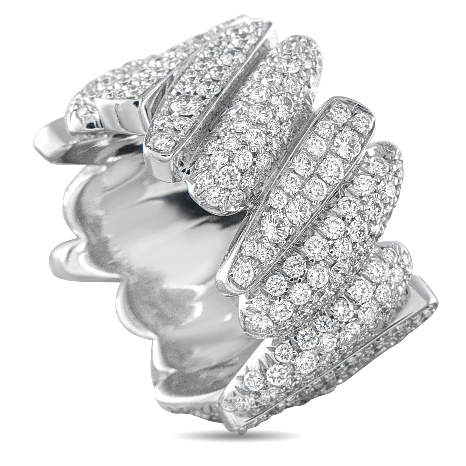 Fred OF Paris 18K White Gold 1.92ct Diamond Crossover Ring: This Fred of Paris ring is crafted in 18K white gold with a scalloped crossover design pave-set with round brilliant-cut diamonds totaling approximately 1.92 carats. The ring is a size 4 and weighs 15