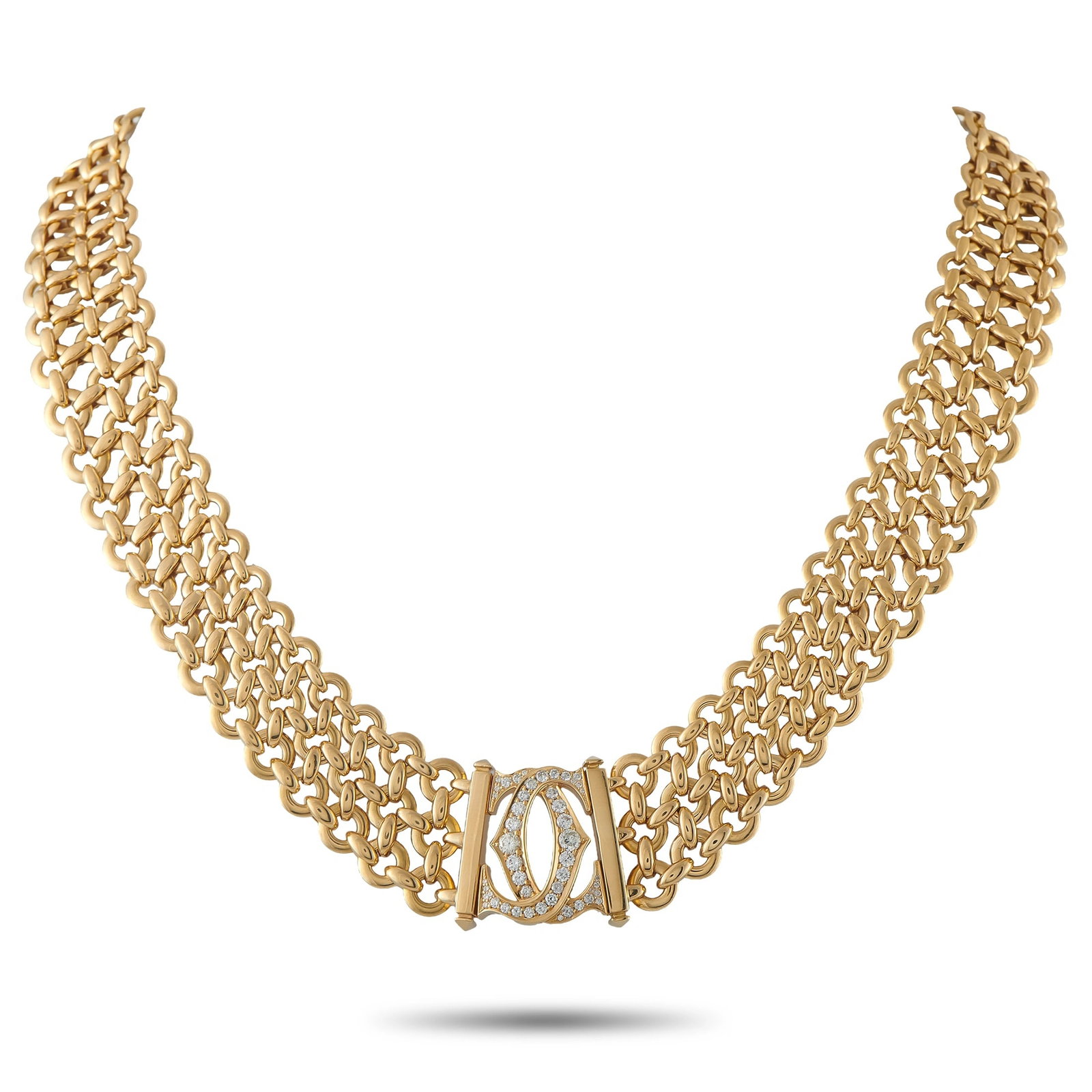 Cartier Penelope 18K Yellow Gold 0.80ct Diamond Necklace: A magnificent example from Cartier storied Penelope collection, this 18K yellow gold necklace features a broad articulated woven link chain of remarkable weight and substance, centered by a diamond se