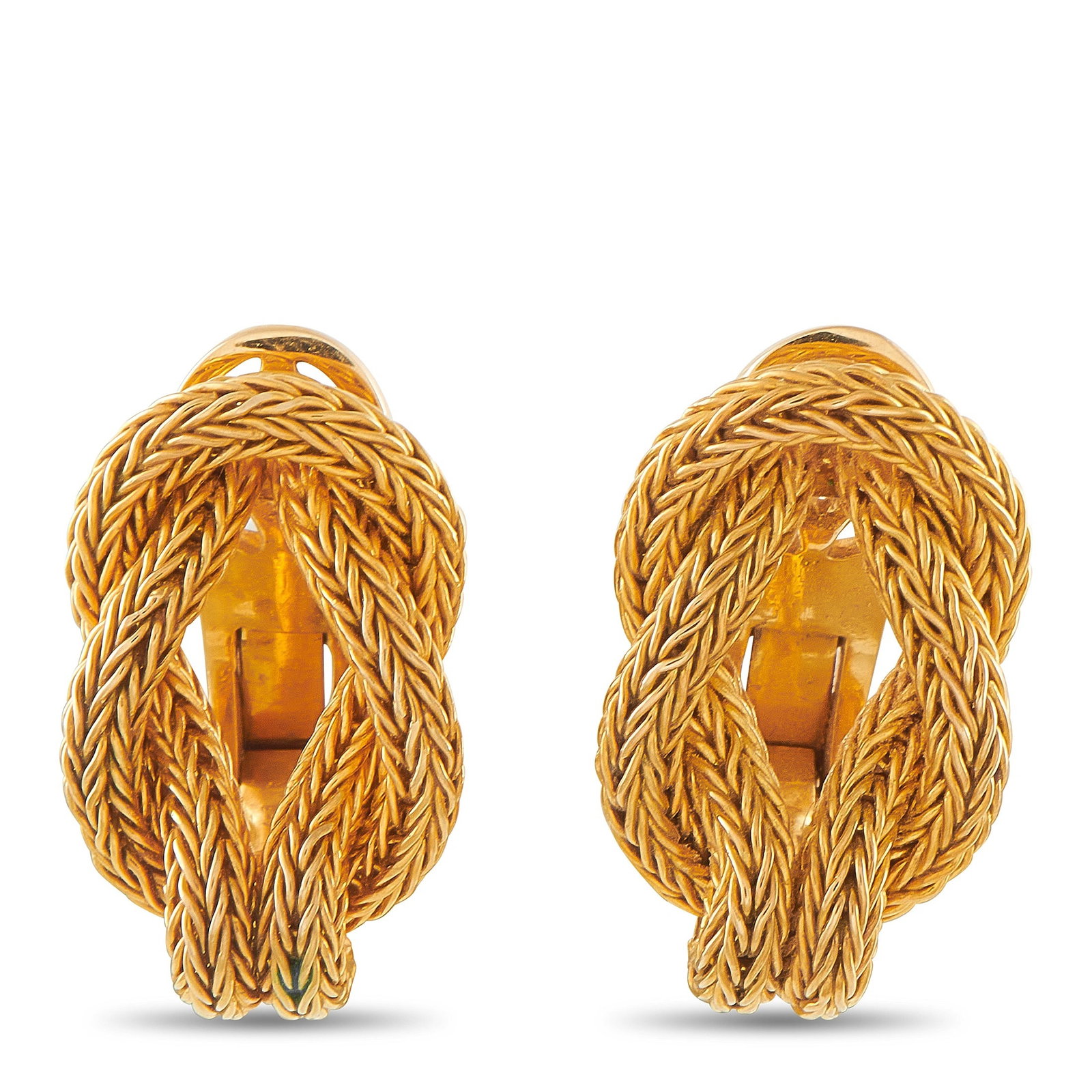 Ilias Lalaounis 18K Yellow Gold Woven Rope Earrings: A pair of 18K yellow gold earrings by Ilias Lalaounis, crafted in the maison’s signature woven rope technique. Each earring features densely braided gold wires formed into an oval knot silhouette, e