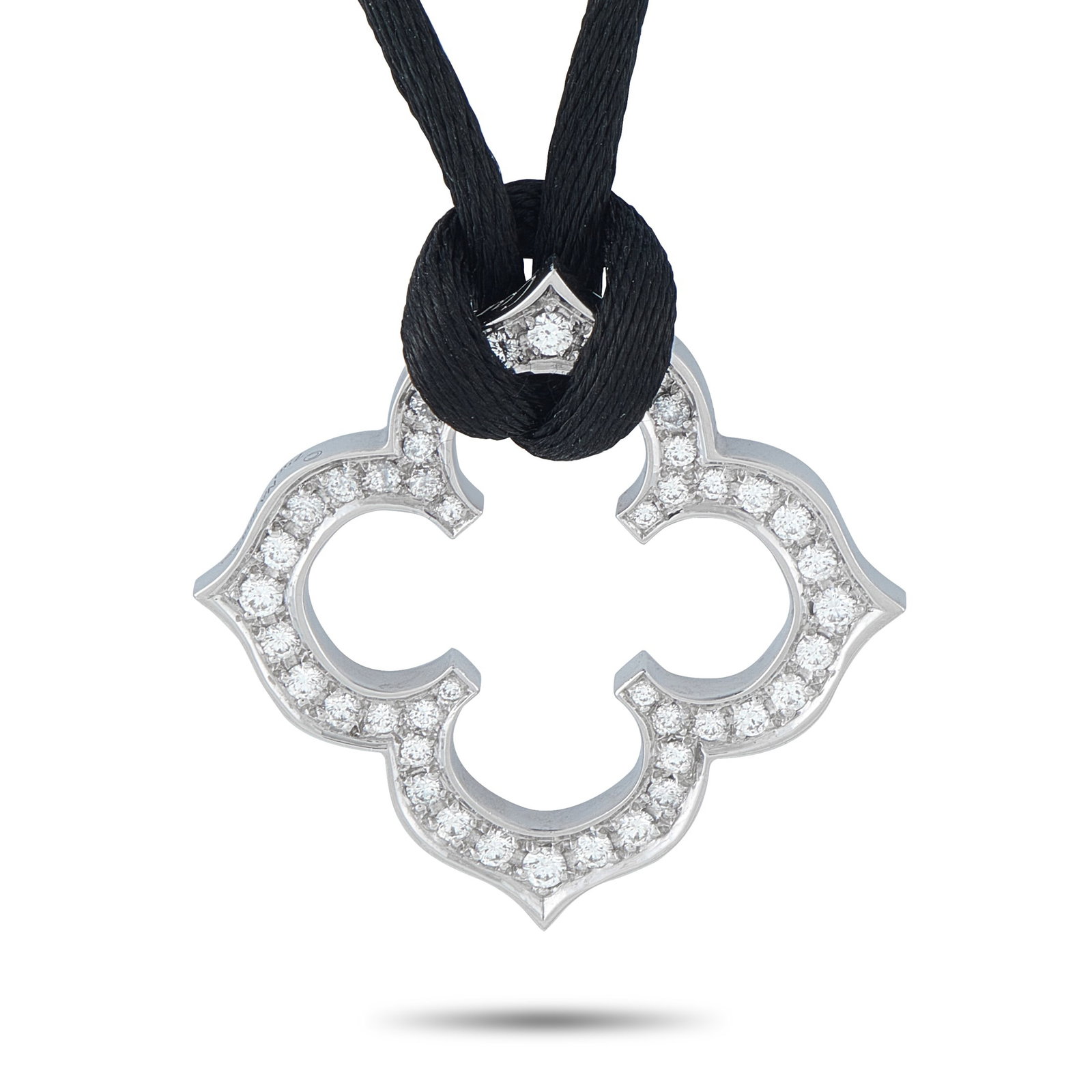 Cartier Quatrefoil 18K White Gold Diamond Pendant: This Cartier Quatrefoil necklace is beautifully balanced. The 18K White Gold pendant measures 1.19” round and comes to life thanks to sparkling inset Diamonds. A 20” black cord allows you 