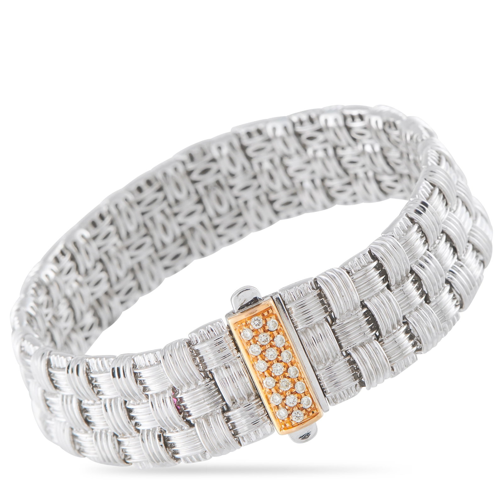 Roberto Coin Appassionata 18K White Gold Diamond Bracelet: This timeless Roberto Coin Appassionata bracelet features a flexible, basket-weave design. Crafted from 18K White Gold, inset Diamonds put the perfect finishing touch on this piece’s contrasting cla