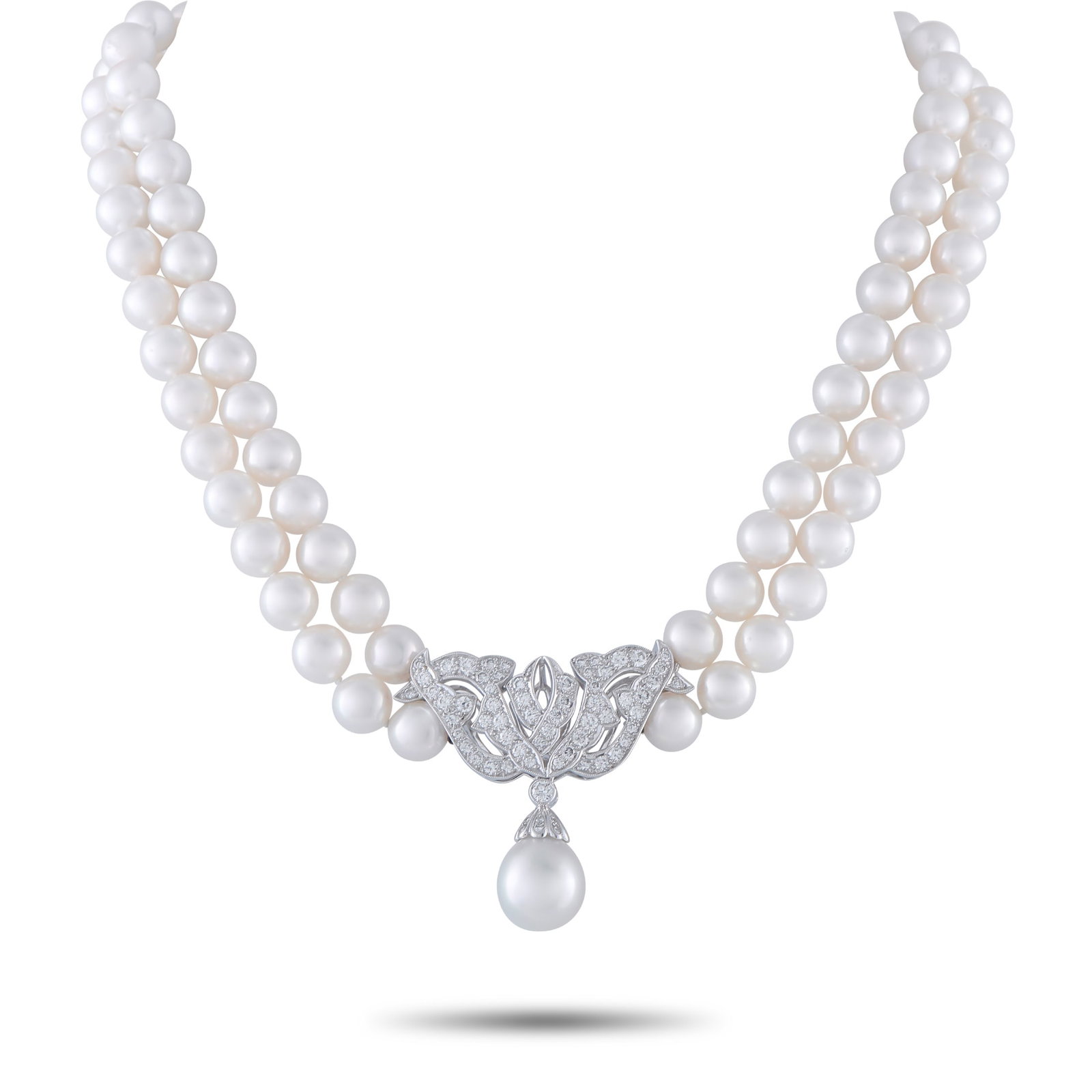 Mikimoto Platinum 2.25ct Diamond and Pearl Double Strand Necklace: This timeless Mikimoto necklace will continually take your breath away. An intricate Platinum pendant comes to life thanks to sparkling Diamonds totaling 2.25 carats, while a dangling Pearl provides t