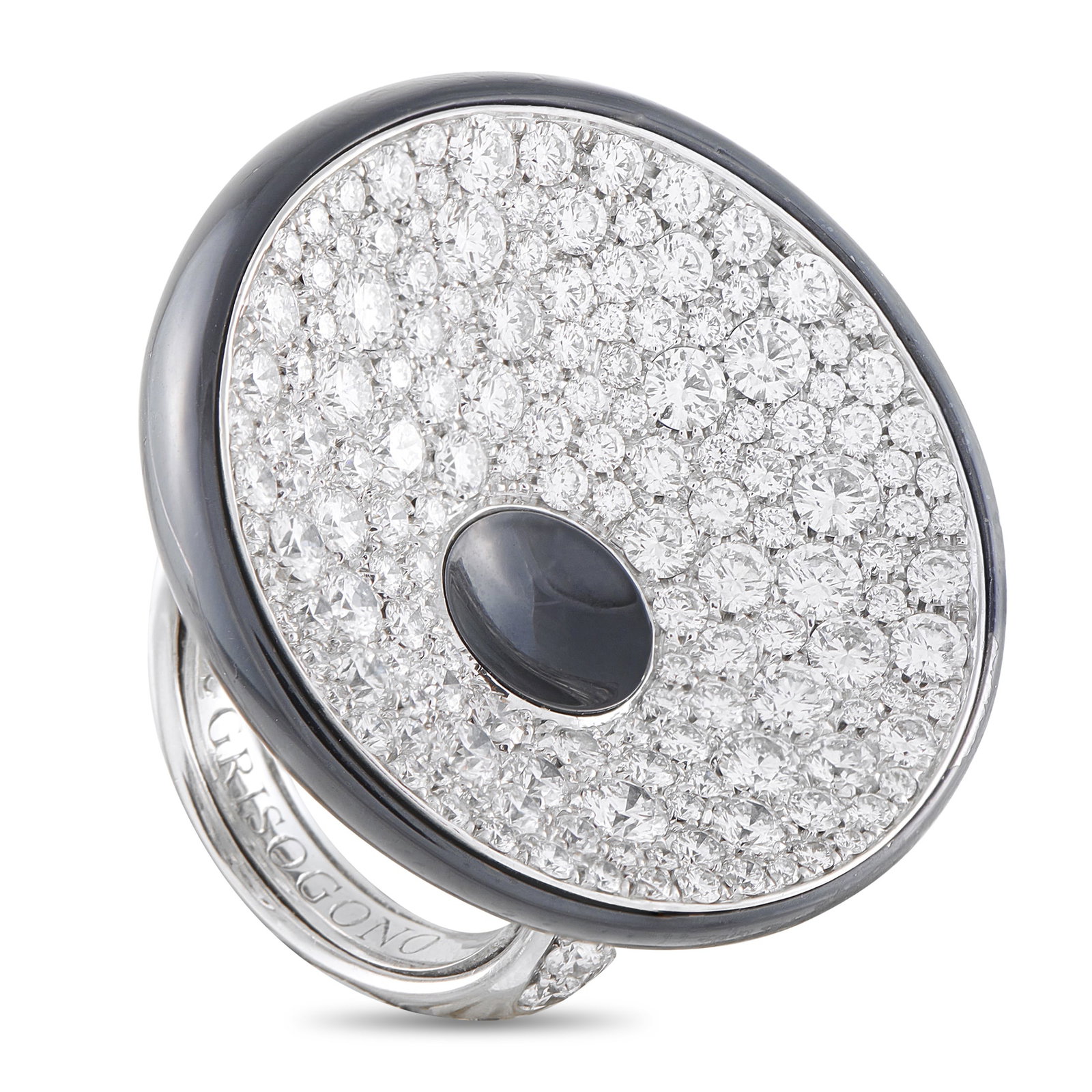 DE Grisogono 18K White Gold 6.76ct Diamond Statement Ring: For maximalist glamour. This de Grisogono statement ring is crafted in lustrous 18K white gold, with a diamond-traced band leading up to the remarkable centerpiece. A bold, oversized onyx disc rests a