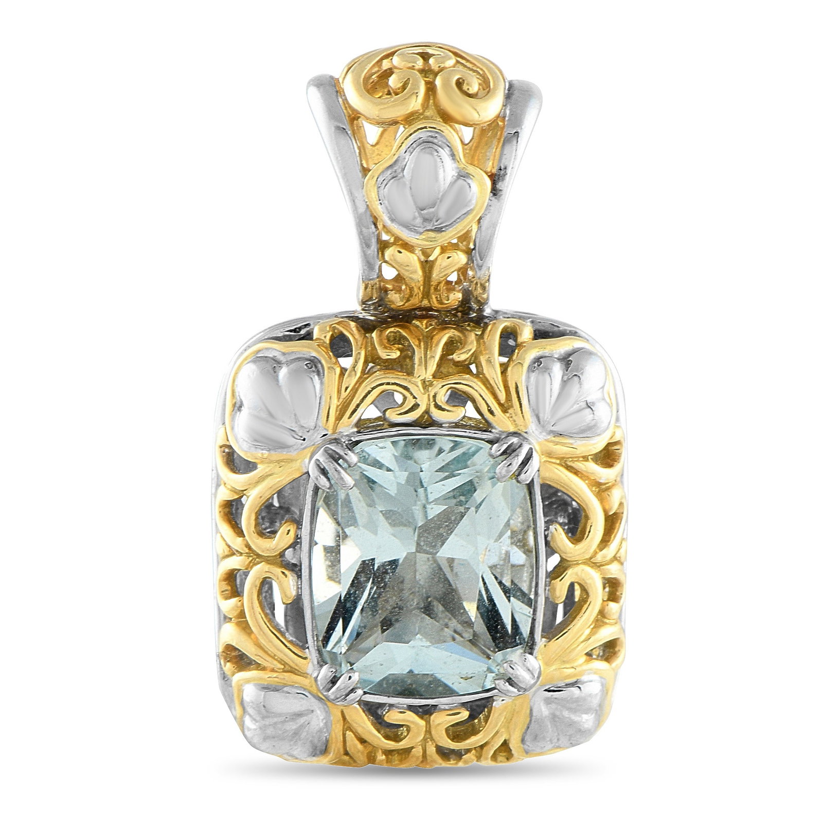 John Hardy 18K White and Yellow Gold 4.0ct Aquamarine Pendant: This John Hardy Pendant is simply unforgettable. Intricate 18K Yellow Gold metalwork is elevated by carefully placed 18K White Gold accents. At the center, a breathtaking 4.0 carat Aquamarine gemstone