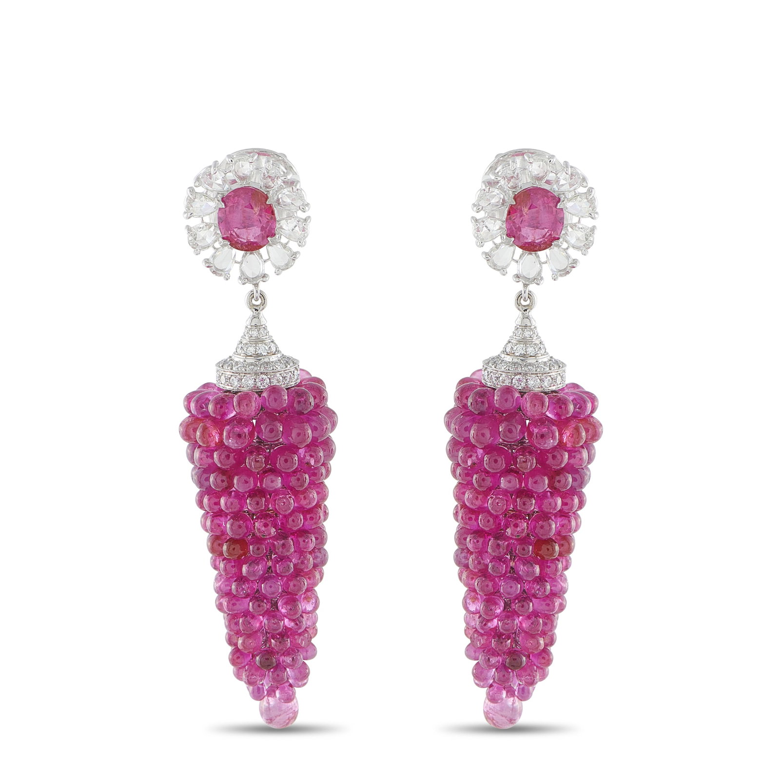 Exclusive 18K White Gold 1.50ct Diamond and Ruby Earrings: Exclusive 18K White Gold 1.50ct Diamond and Ruby Earrings These earrings offer a uniquely elegant design that is simply unforgettable. Ruby gemstones with a total weight of 22.0 carats accent the base