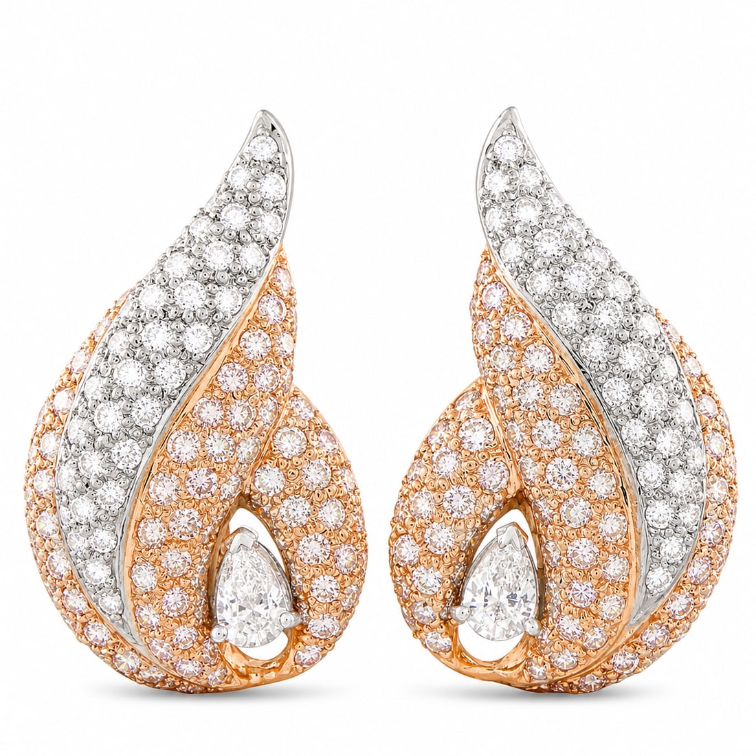 18K White and Rose Gold 2.7 ct White Diamond and 4.20 ct Pink Diamond Shell Earrings: 18K White and Rose Gold 2.7 ct White Diamond and 4.20 ct Pink Diamond Shell Earrings Inspired by the curved forms of a sea-tossed shell, these LB Exclusive clip-on earrings are built around flow and s