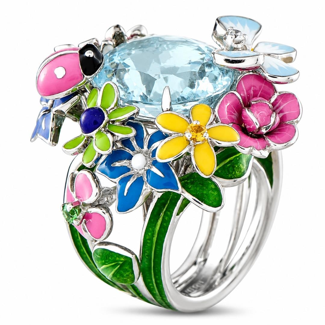 DIOR Gorgeous 18K White Gold Ring: DIOR 18K White Gold Aquamarine Enamel Ring This Dior Diorette ring is crafted in 18K white gold and centers on a large faceted aquamarine, surrounded by a whimsical garden of colorful enamel flowers, 