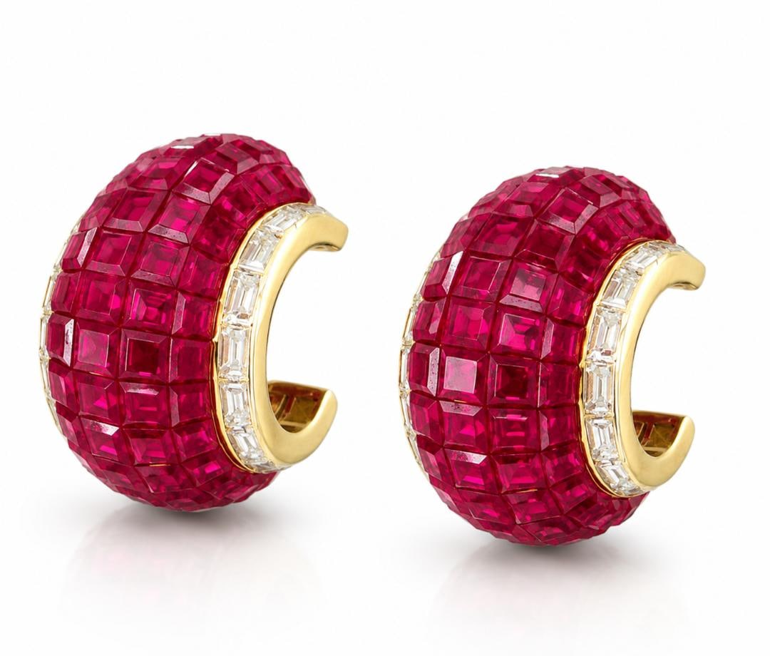 Van Cleef & Arpels Mystérieux 18K Yellow Gold Diamond and Ruby Earrings: Van Cleef & Arpels Mystérieux 18K Yellow Gold Diamond and Ruby Earrings An extraordinary pair of 18K yellow gold earrings from Van Cleef & Arpels, from the iconic Lampion Mystérieux collection. Each