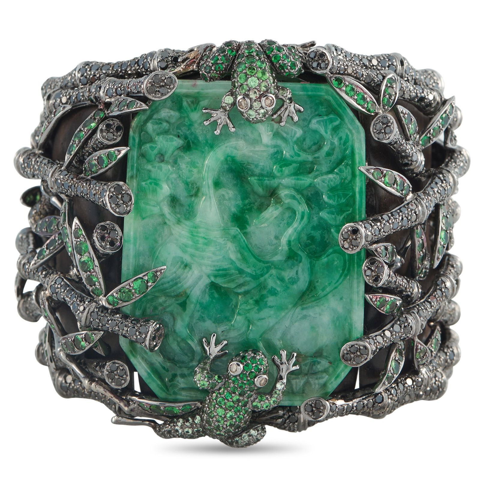 Wendy Yue 18K White Gold Diamond, Jade, and Tsavorite Cuff Bracelet (1 of 4)