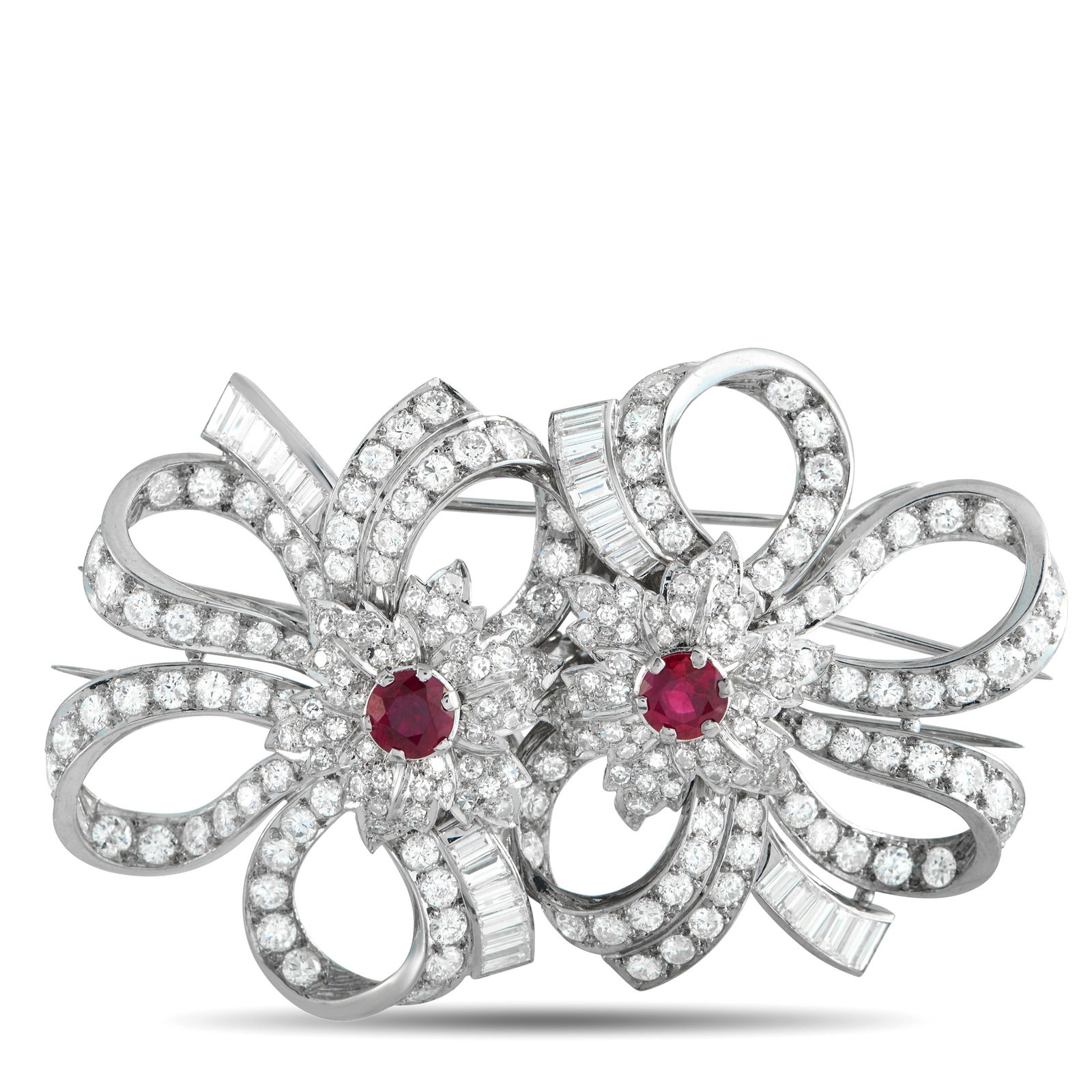 Platinum 11.10ct Diamond and Ruby Bow and Bloom Brooch: A romantic heirloom reimagined. This platinum brooch captures the fluid grace of the Belle Époque with its double bloom-and-bow motif. The contrast between the soft, diamond-lined ribbons and the sha