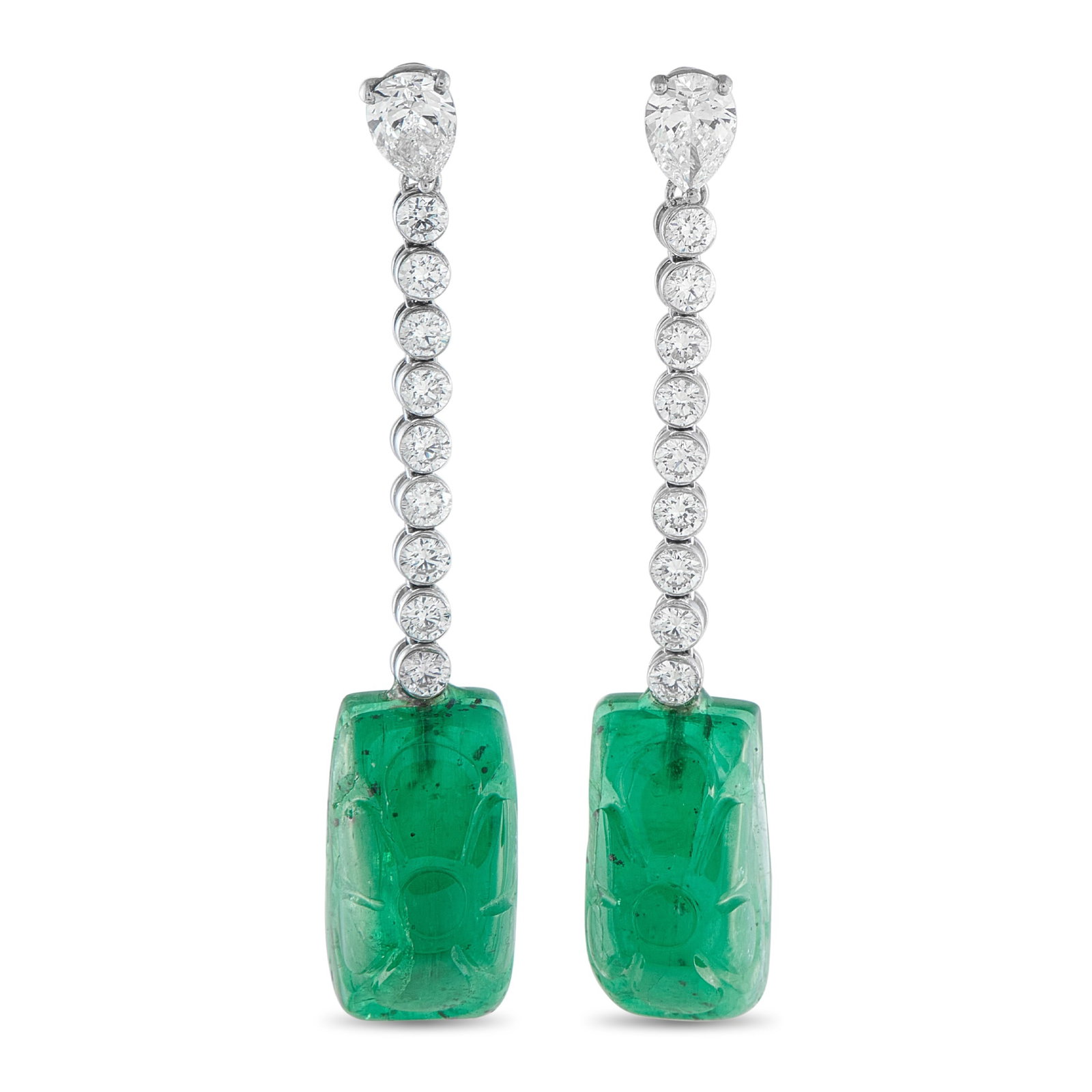 18K White Gold 1.75ct Diamond and Emerald Earrings: A pair of intense green Emeralds with a total weight of 24.03 carats make these luxury earrings incredibly alluring. Set in 18K White Gold, bezel set Diamonds totaling 1.75 carats add contemporary ele