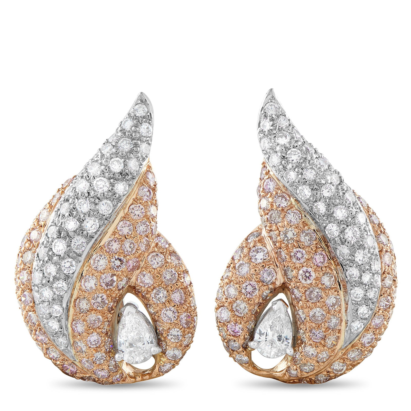 18K White and Rose Gold 2.7 ct White Diamond and 4.20 ct Pink Diamond Shell Earrings: Inspired by the curved forms of a sea-tossed shell, these clip-on earrings are built around flow and surface. Pear-cut diamonds totaling 1.20 carats sit at the center, establishing the point from whic