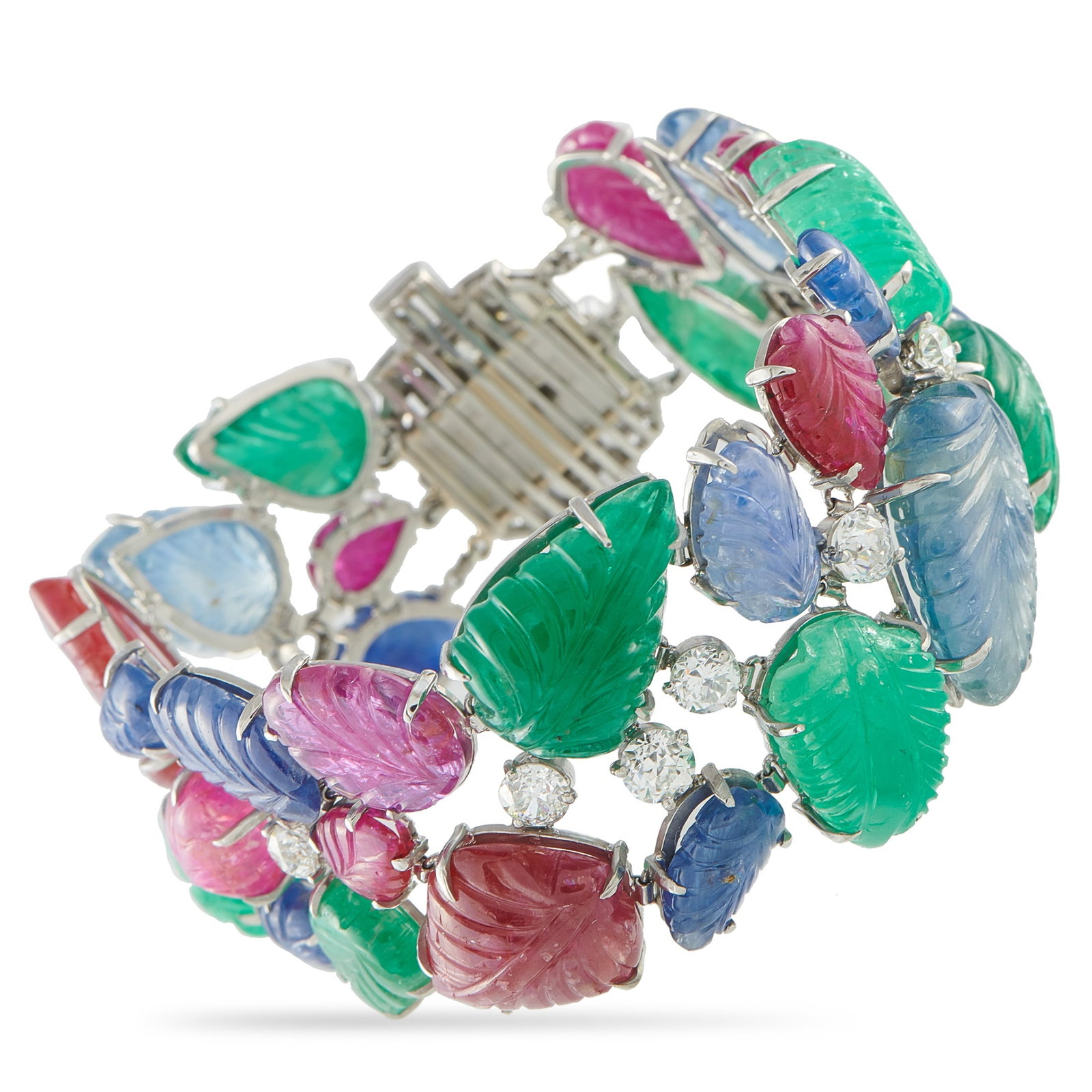 Tutti Frutti Platinum 9.50ct Diamond, Emerald, Sapphire, and Ruby Bracelet: This vibrant Tutti Frutti bracelet is a playful piece that will continually capture your imagination. On this dynamic design, Emerald cabochons totaling 35.0 carats, Ruby cabochons totaling 40.0 carat