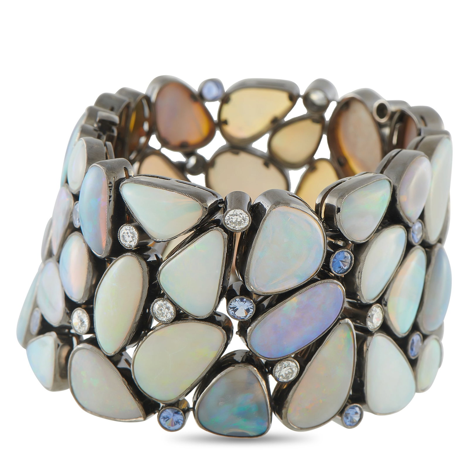 Cicada 18K White Gold 2.76ct Diamond, Opal, and Sapphire Bracelet: Luminous Opals with a total weight of 116.30 carats make this Cicada bracelet come alive with color. Bold and incredibly eye-catching, Sapphire accents totaling 3.50 carats and Diamond accents totalin