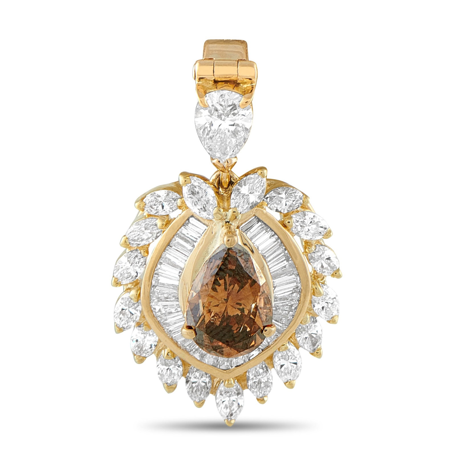 18K Yellow Gold 4.99ct Diamond Pendant: This 18K Yellow Gold pendant is simply stunning. At the center, a warm 3.12 carat pear shaped Diamond center stone adds depth and dimension to the elegant setting. Additional Diamonds totaling 1.87 ca
