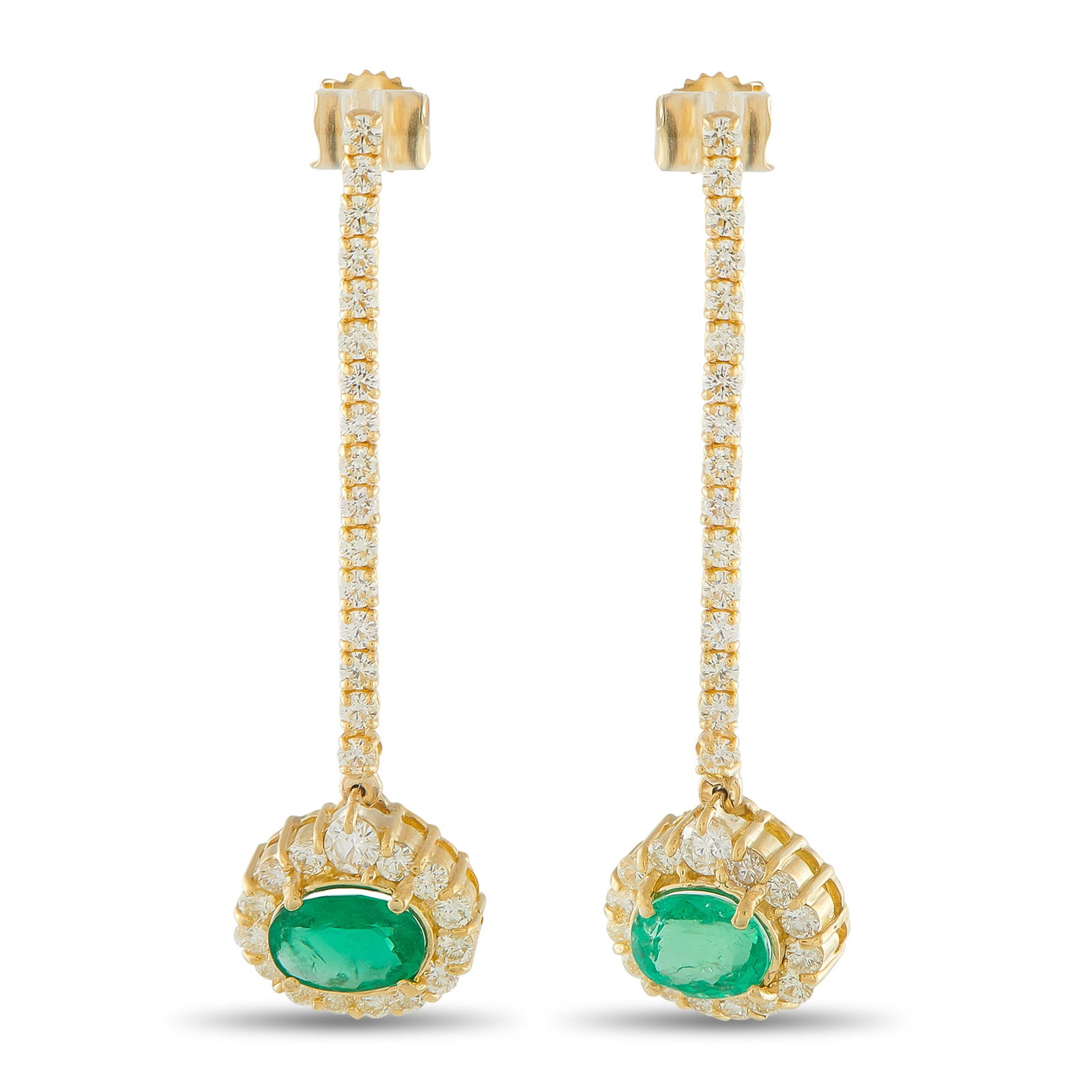 18K Yellow Gold 1.95ct Diamond and Emerald Drop Earrings: These earrings bridge the gap between historic technique and modern high-fashion. Descending from the post is a vertical line of diamonds that leads to a vibrant oval emerald drop. Set east-west to br