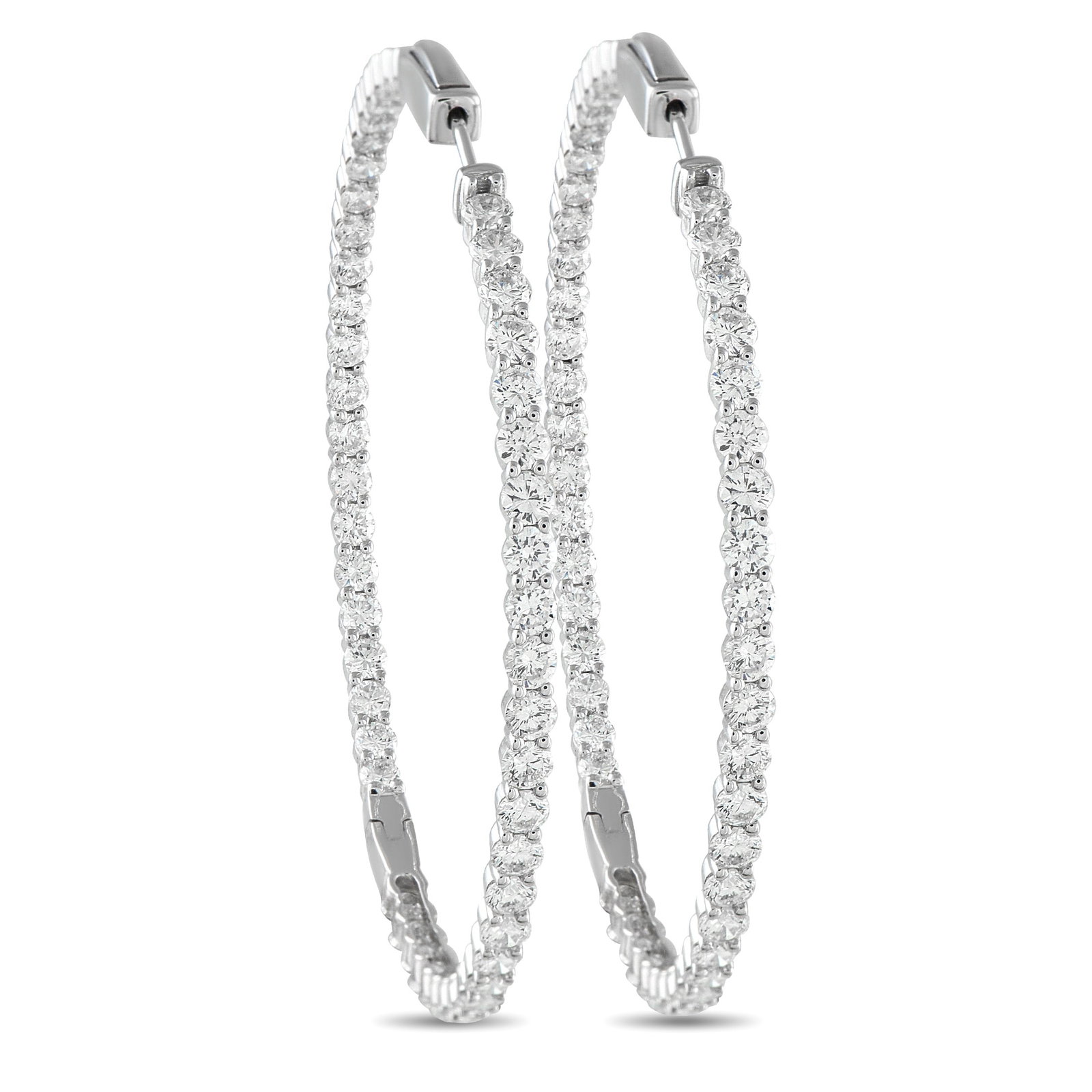 18K White Gold 7.20ct Diamond Inside-Out Hoop Earrings: These slim diamond hoops measure 2 x 2.15 inches, offering a refined presence with just the right hint of drama. Designed in-and-out style, they feature 7.20 carats of diamonds sparkling across both t