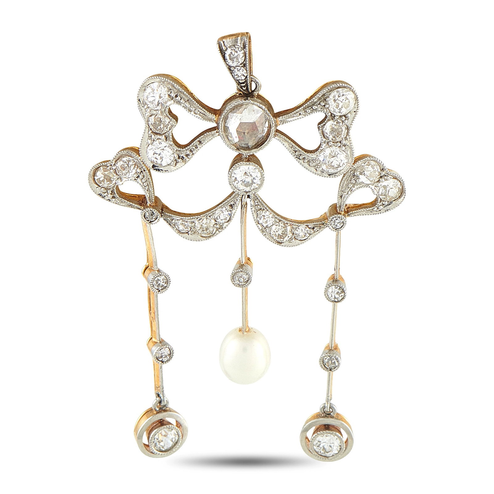 Gustav Dahlgren 18K Rose Gold and Silver 1.10ct Diamond and Pearl Pendant: An exquisite 1960s pendant by Gustav Dahlgren and Co. in 18K rose gold and silver, centering a diamond within an open millegrain filigree surround of delicate scrollwork. Three suspended drops hang be