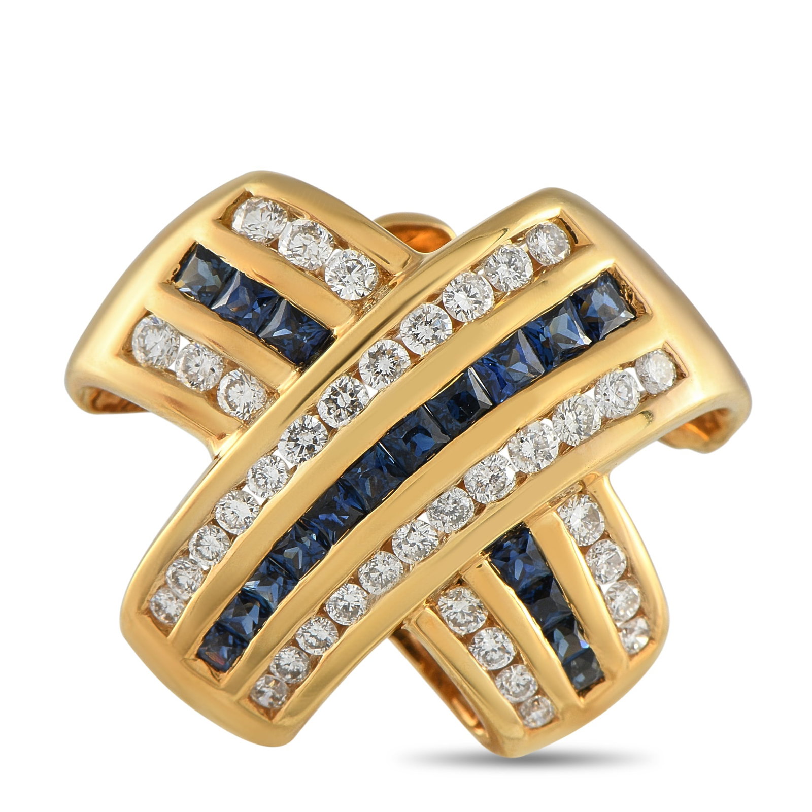 18K Yellow Gold 0.76ct Diamond and Sapphire Pendant: A classically elegant design makes this 18K Yellow Gold pendant an essential addition to any jewelry collection. The crossover design is elevated 1.10 carats of sparkling Sapphires and Diamonds with a
