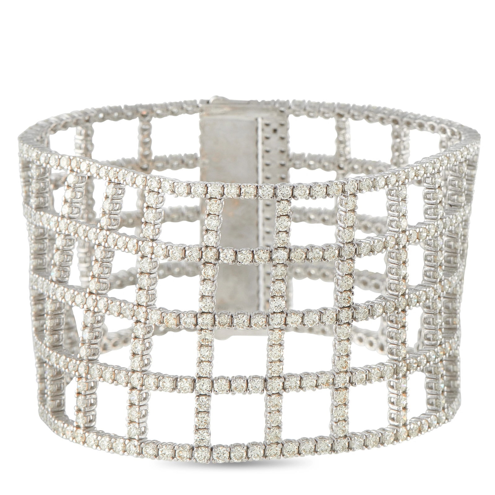 18K White Gold 23.44ct Fancy Yellow Diamond Bracelet: A delicate lattice pattern makes this luxury bracelet incredibly unique. Set in 18K White Gold, Diamonds with a total weight of 23.44 carats offer endless sparkle. This dramatic piece measures 7.0&rdq