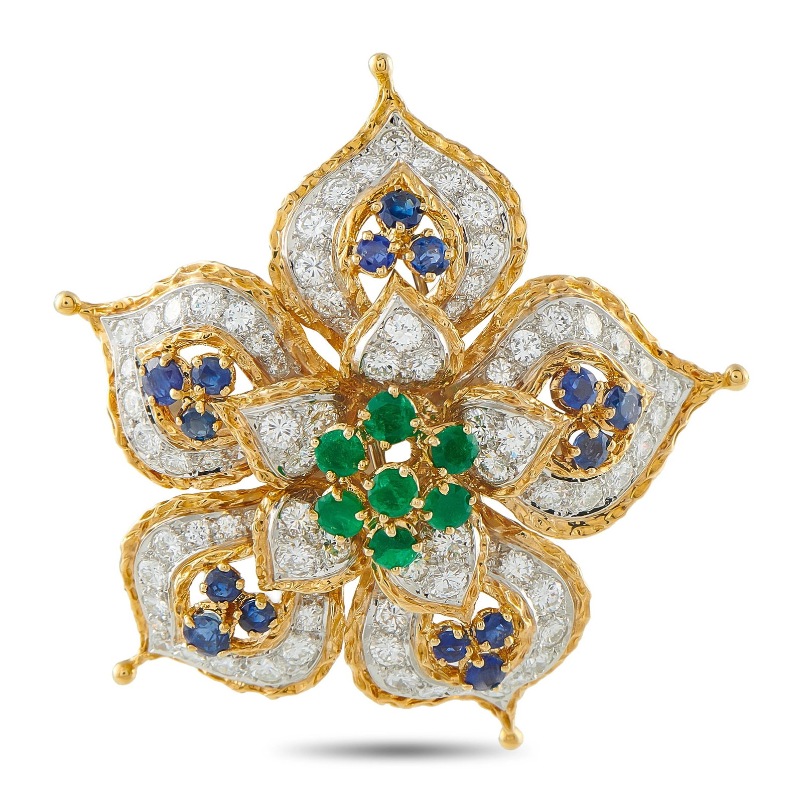 Vintage 18K Yellow Gold 6.0ct Diamond, Emerald, and Sapphire Brooch: This luxury brooch will add color, texture, and sparkle to any ensemble. An elegant addition to any scarf, hat, or lapel, the detailed 18K Yellow Gold setting offers endless opulence. Diamonds totalin