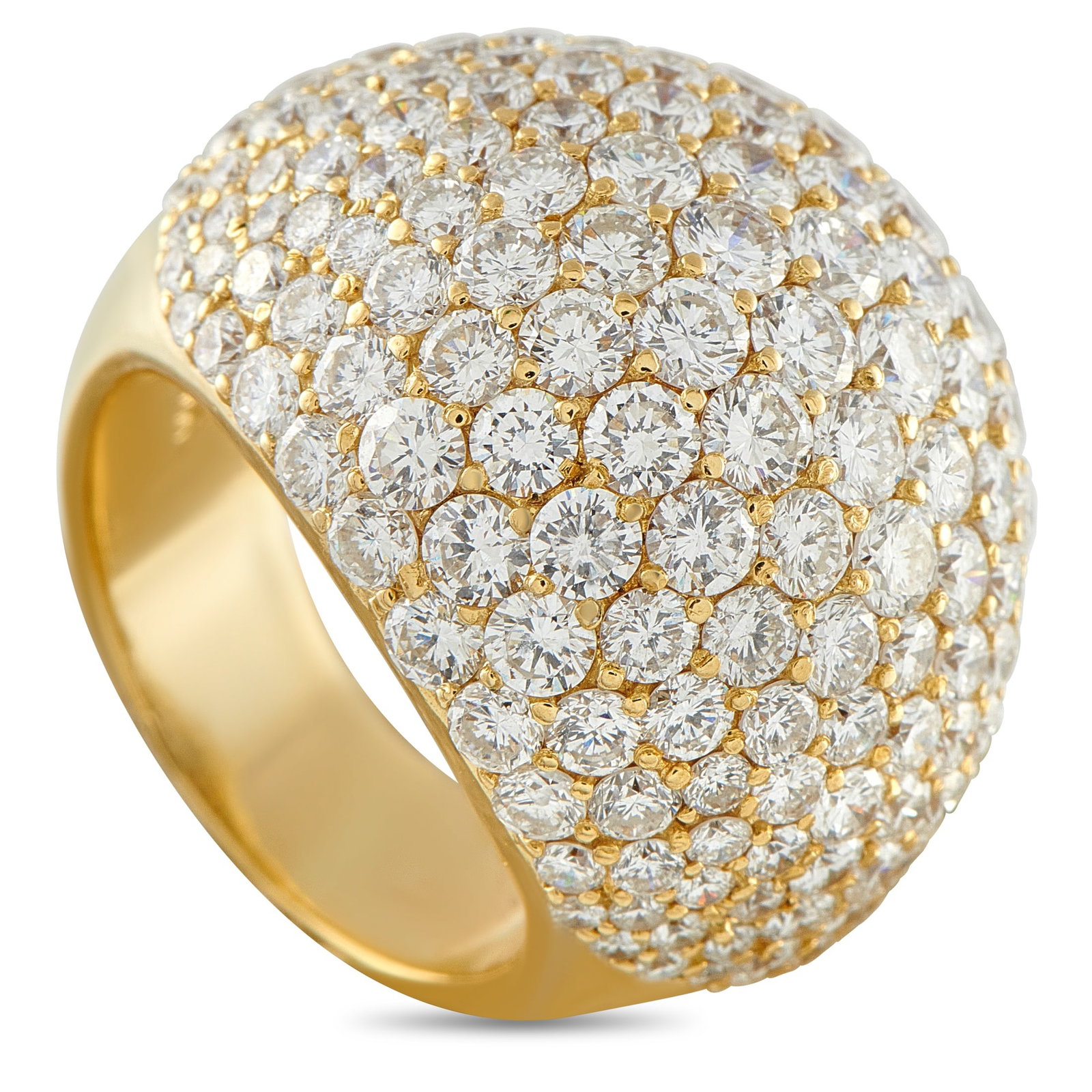 18K Yellow Gold 8.24ct Diamond Dome Ring: Pavé Diamonds with a total weight of 8.24 carats provide this luxury ring with endless sparkle. Set in 18K Yellow Gold, the domed setting adds drama to the overall design. A 7mm wide band and a 10mm 