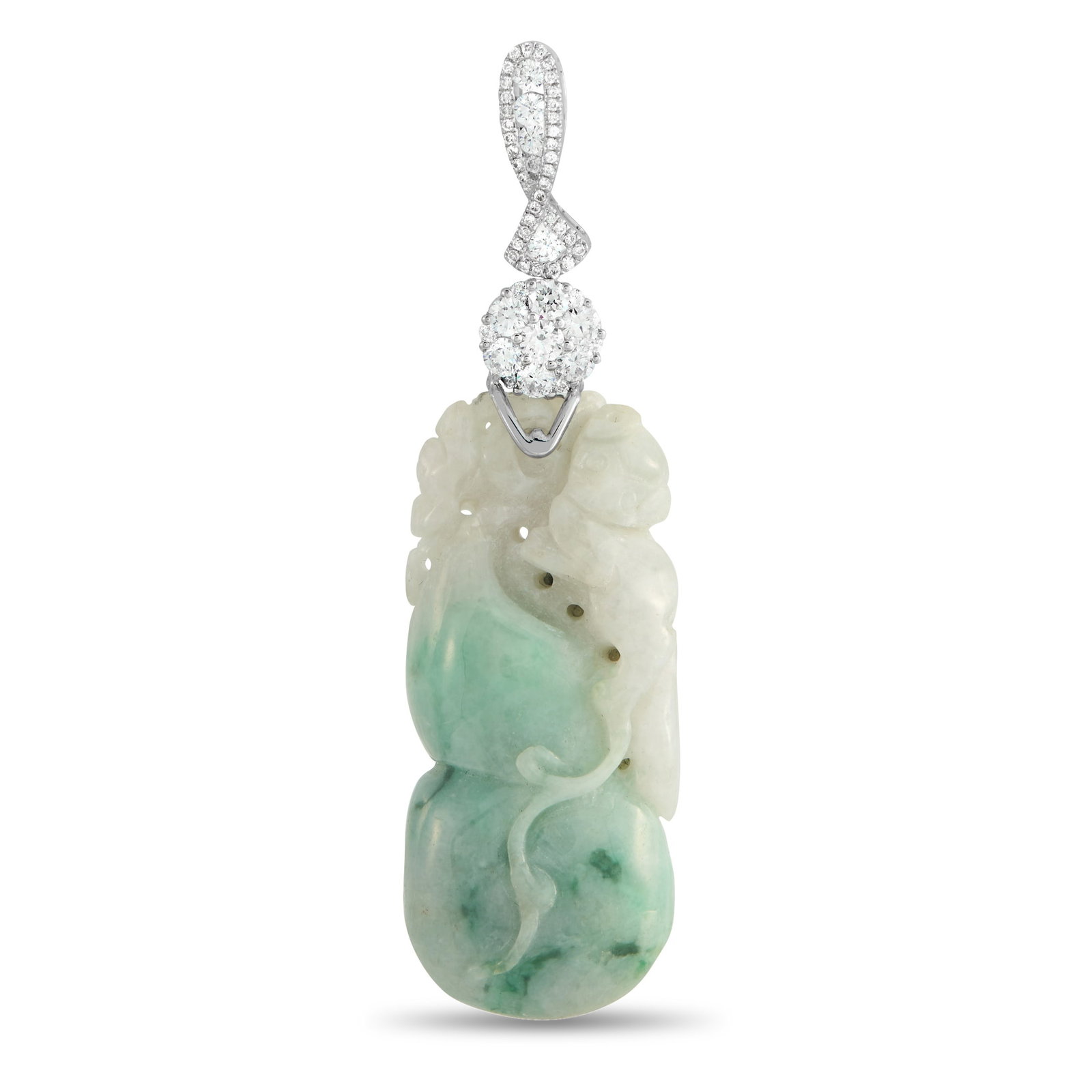 18K White Gold 0.90ct Diamond and Jade Hulu Pendant: A fresh take on a traditional form, uniting cultural symbolism with craftsmanship. The pendant features a hand-carved jade hulu (or double gourd), long associated with longevity and good fortune. The 