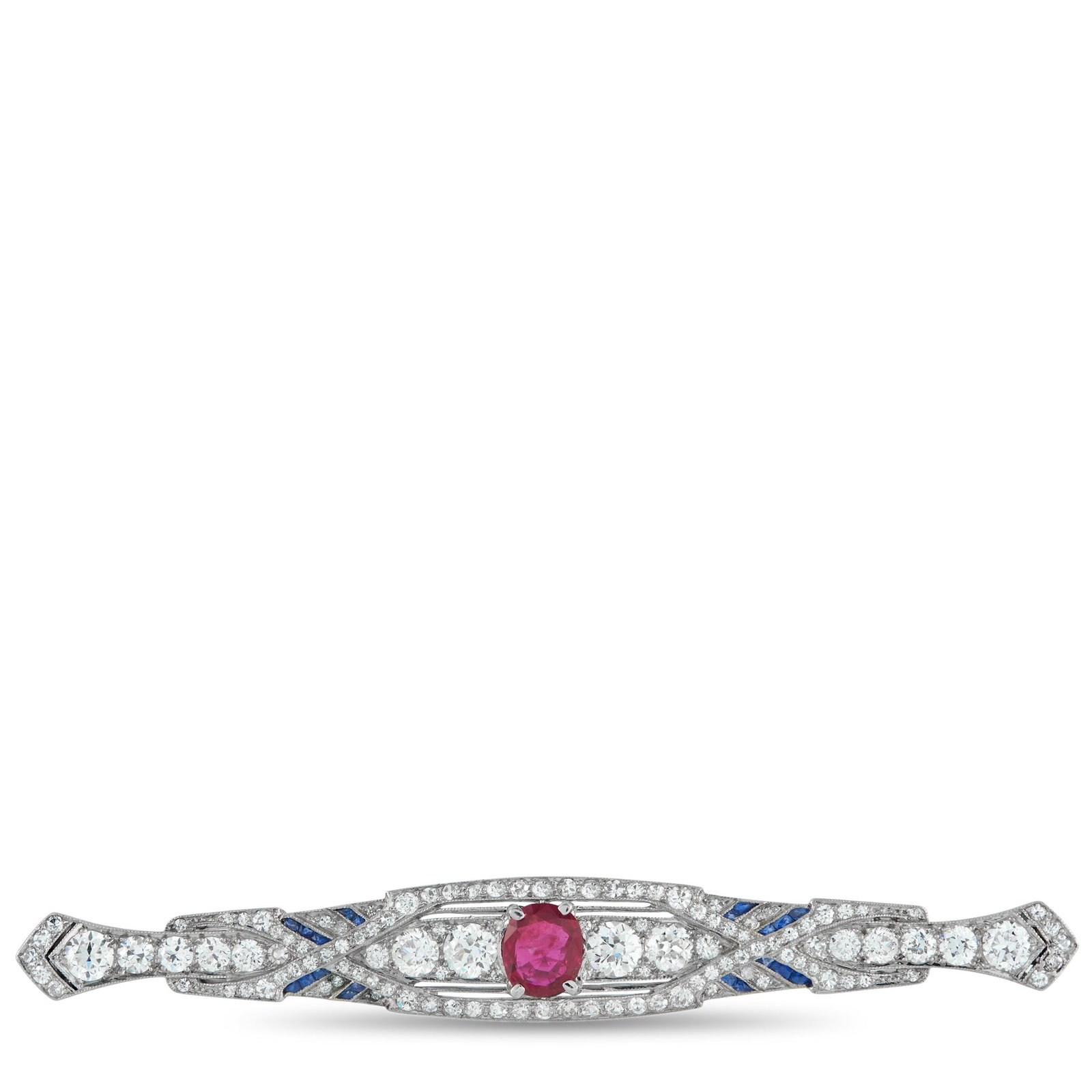 Platinum 2.80ct Diamond and No-Heat Burma Ruby Brooch: A sleek, Art Deco inspired design makes this luxury brooch endlessly impressive. Sparkling Diamonds with a total weight of 2.80 carats allow it to effortlessly catch the light, while a radiant 1.10 ca