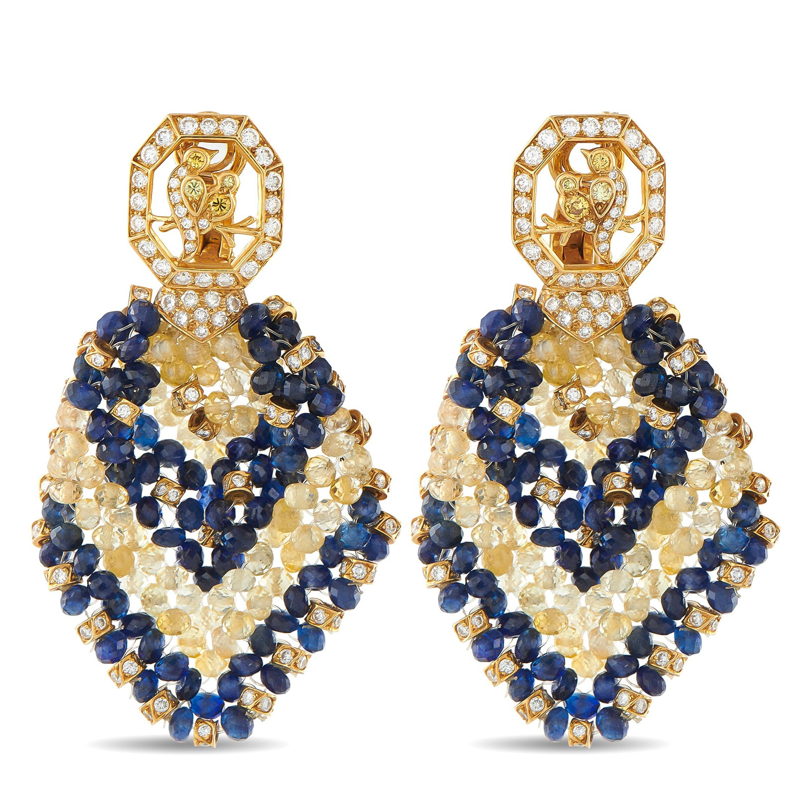 18K Yellow Gold 1.68ct Diamond and Sapphire Earrings: Bold colors and textures make these luxury earrings impossible to ignore. Diamonds with a total weight of 1.68 carats accent the 18K Yellow Gold settings. Sapphires totaling 30.0 carats come together 