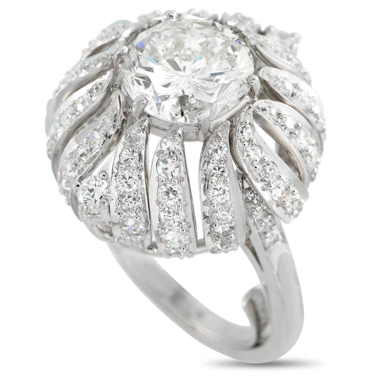 Platinum 3.47ct Diamond Ring: This luxury ring is poised to continually capture your imagination. A 2.37 carat Diamond center stone makes it simply breathtaking. The domed design is further elevated by additional Diamond accents t