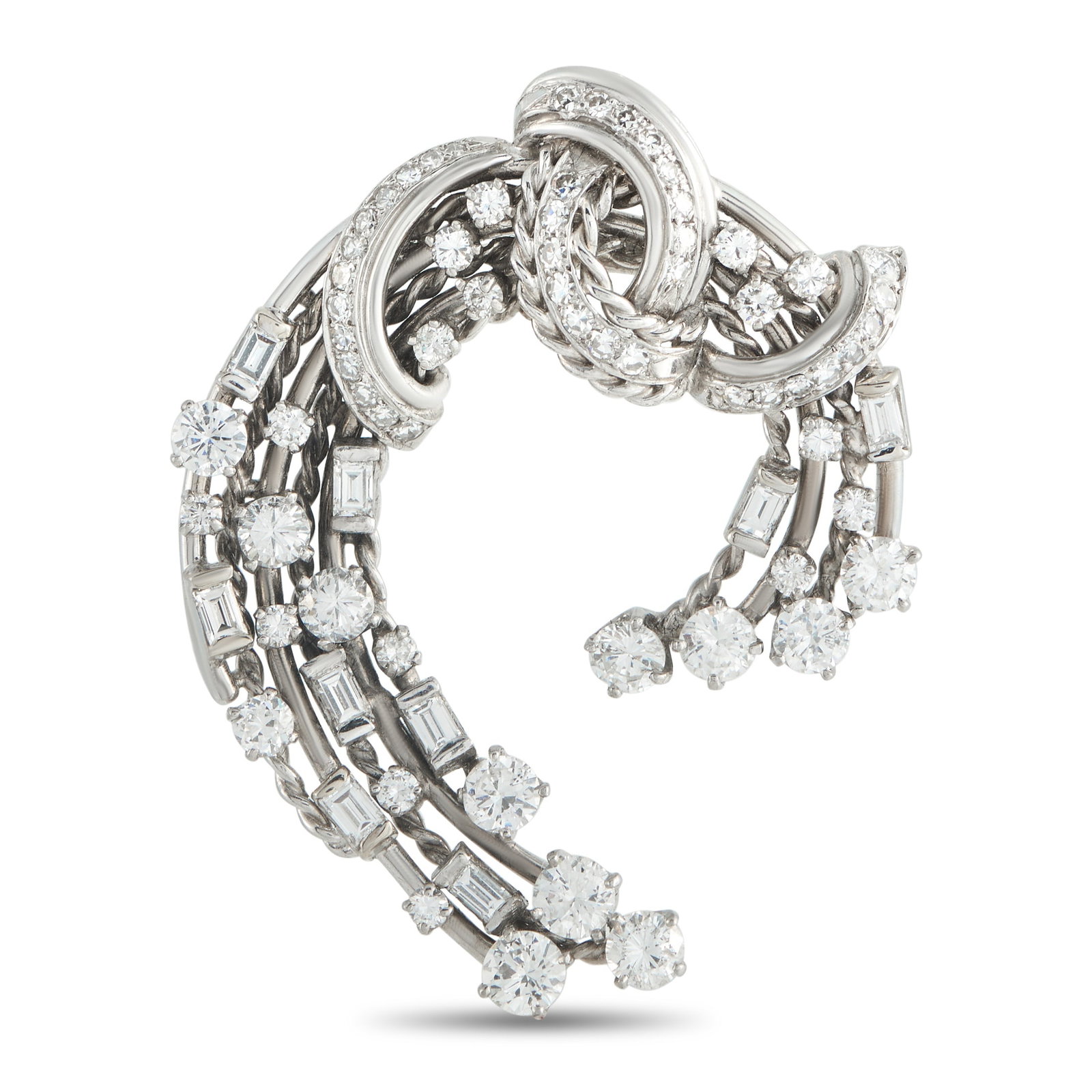 Platinum 5.50ct Diamond Brooch: Intricate metalwork and a creative design make this luxury brooch instantly eye-catching. This dramatic piece comes to life thanks to sparkling Diamonds with a total weight of 5.50 carats. Crafted fro