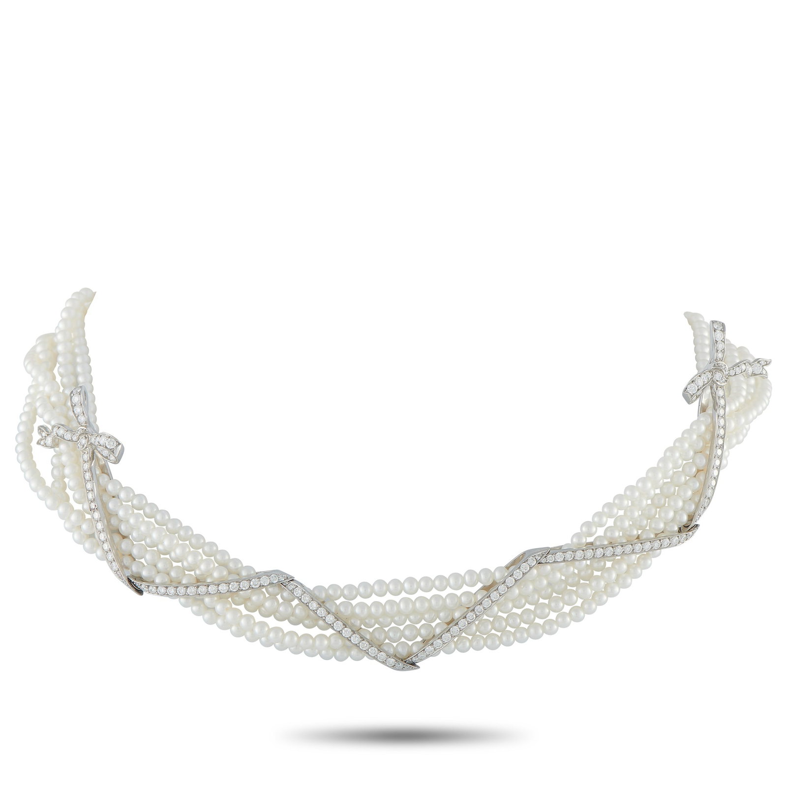 Raymond C. Yard Platinum 3.0ct Diamond and Pearl 5-Strand Necklace: This Raymond C. Yard necklace is filled with delicate details. Five strands of Pearls come together to create this exquisite accessory. At the center, a ribbon-like Platinum accent is elevated by