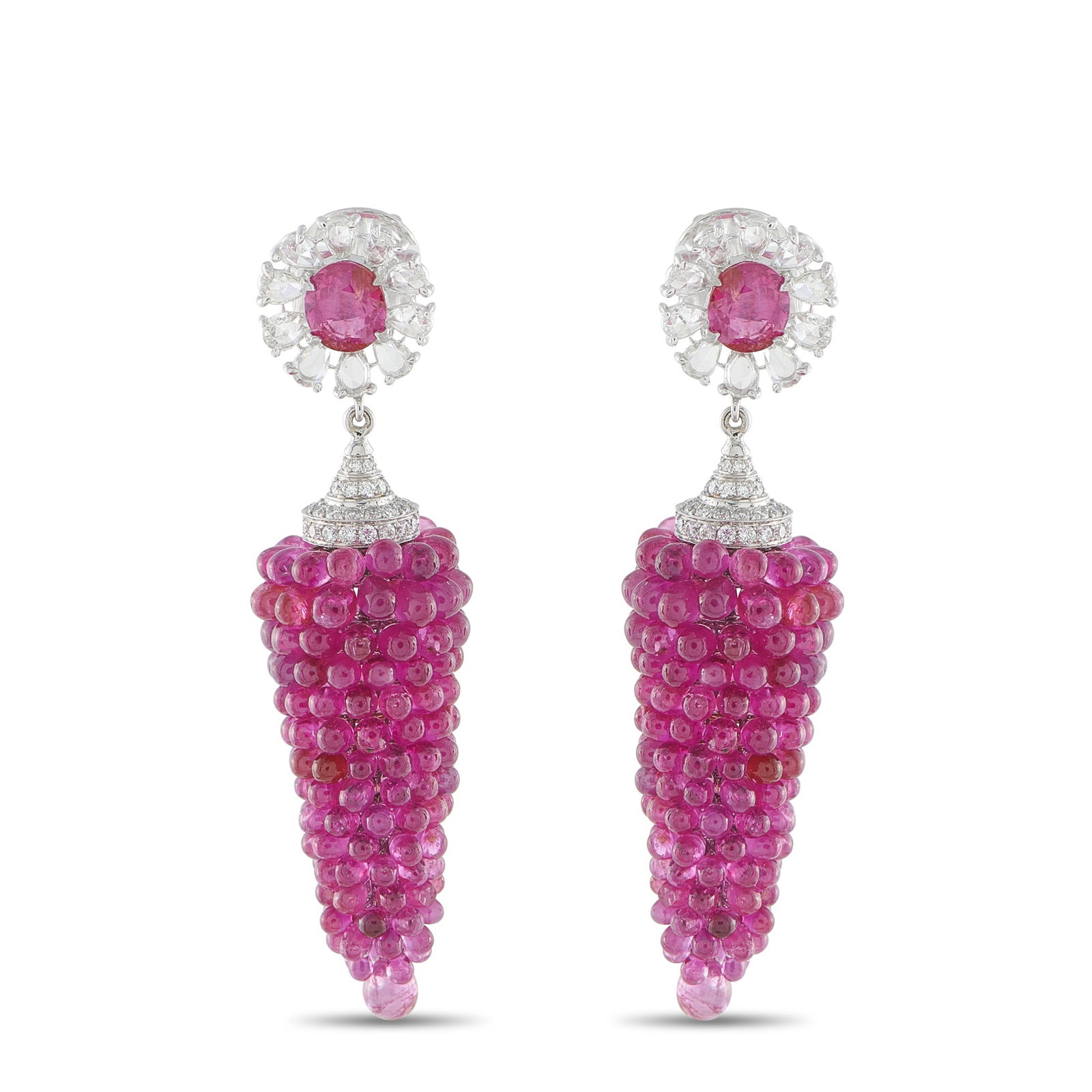 18K White Gold 1.50ct Diamond and Ruby Earrings: These earrings offer a uniquely elegant design that is simply unforgettable. Ruby gemstones with a total weight of 22.0 carats accent the base and are arranged in a hanging cluster below the 18K