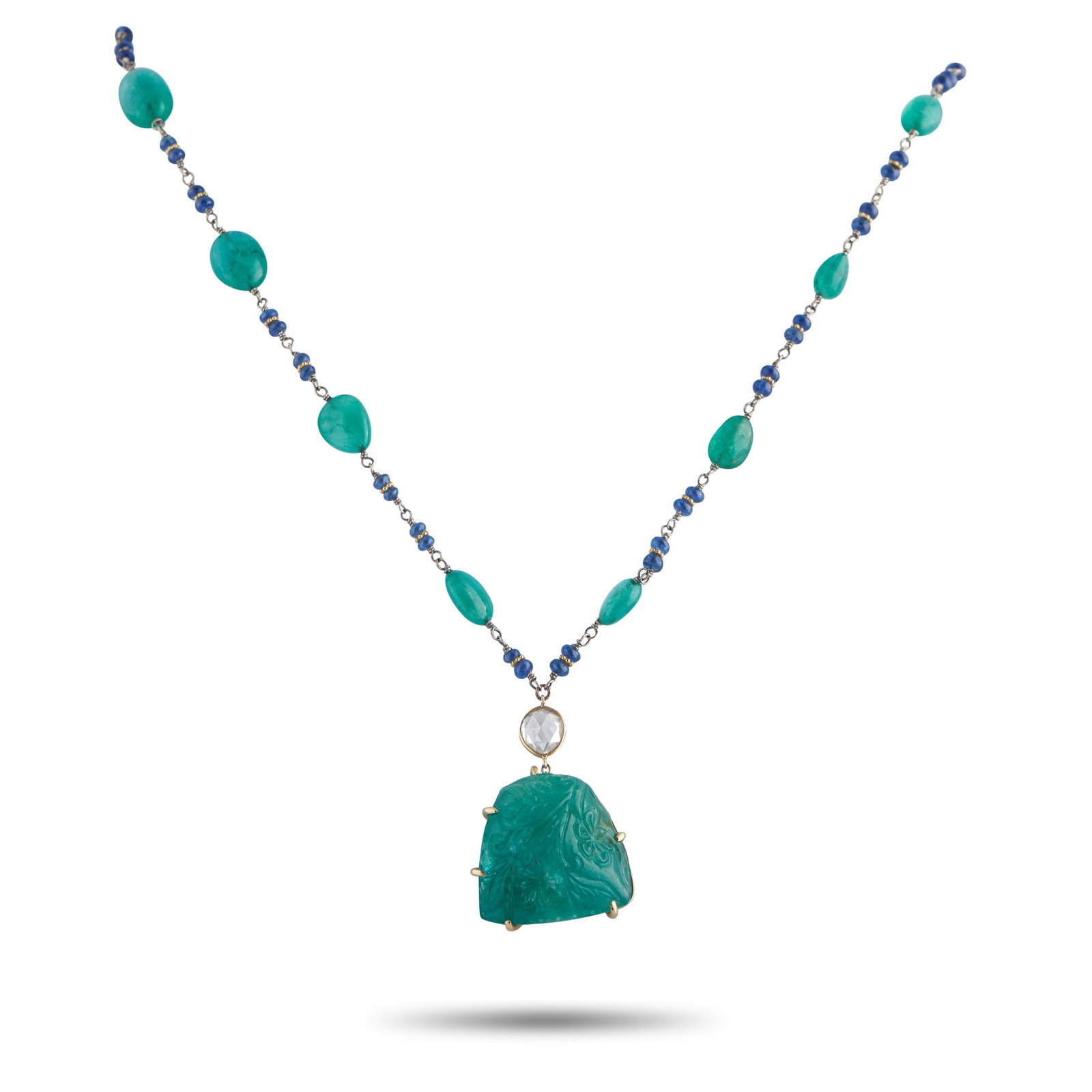 18K Yellow Gold 0.70ct Diamond and Emerald Necklace (1 of 4)