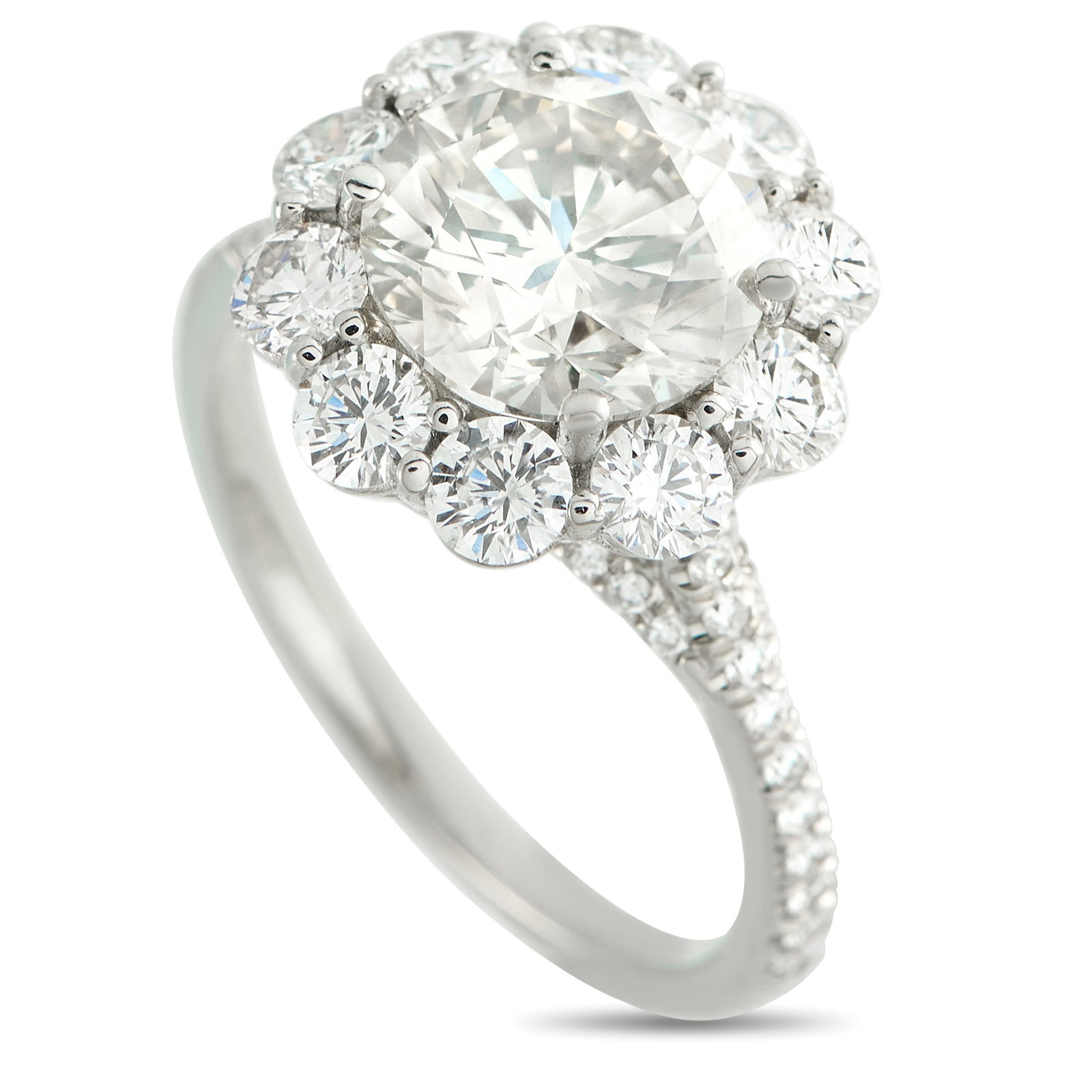 18K White Gold 3.74ct Diamond Ring: This dazzling ring is elegant and instantly eye-catching. Diamonds with a total weight of 1.20 carats add sparkle throughout the 18K White Gold setting. At the center, a 2.54 carat Diamond makes it en