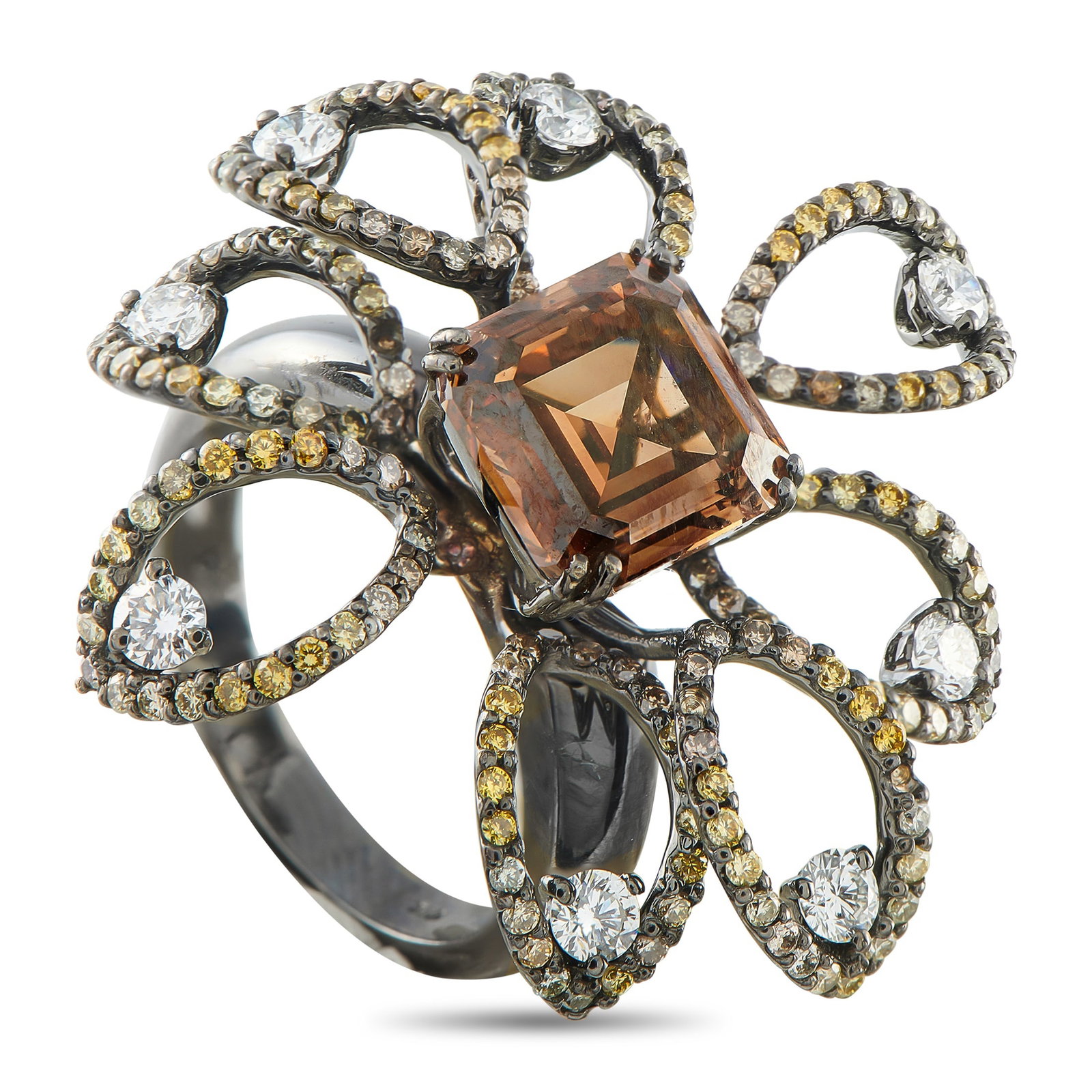 18K White Gold 4.61ct Diamond Cocktail Ring: Plated in black rhodium, this white gold ring carries a deliberately dark, dramatic presence. The 3mm band rises to an 11mm top height, supporting a 3.06 carat cognac diamond cut in a softened square